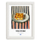 Saganaki – on Striped Tablecloth, Greek Cheese Wall Decor, placed in minimal white frame