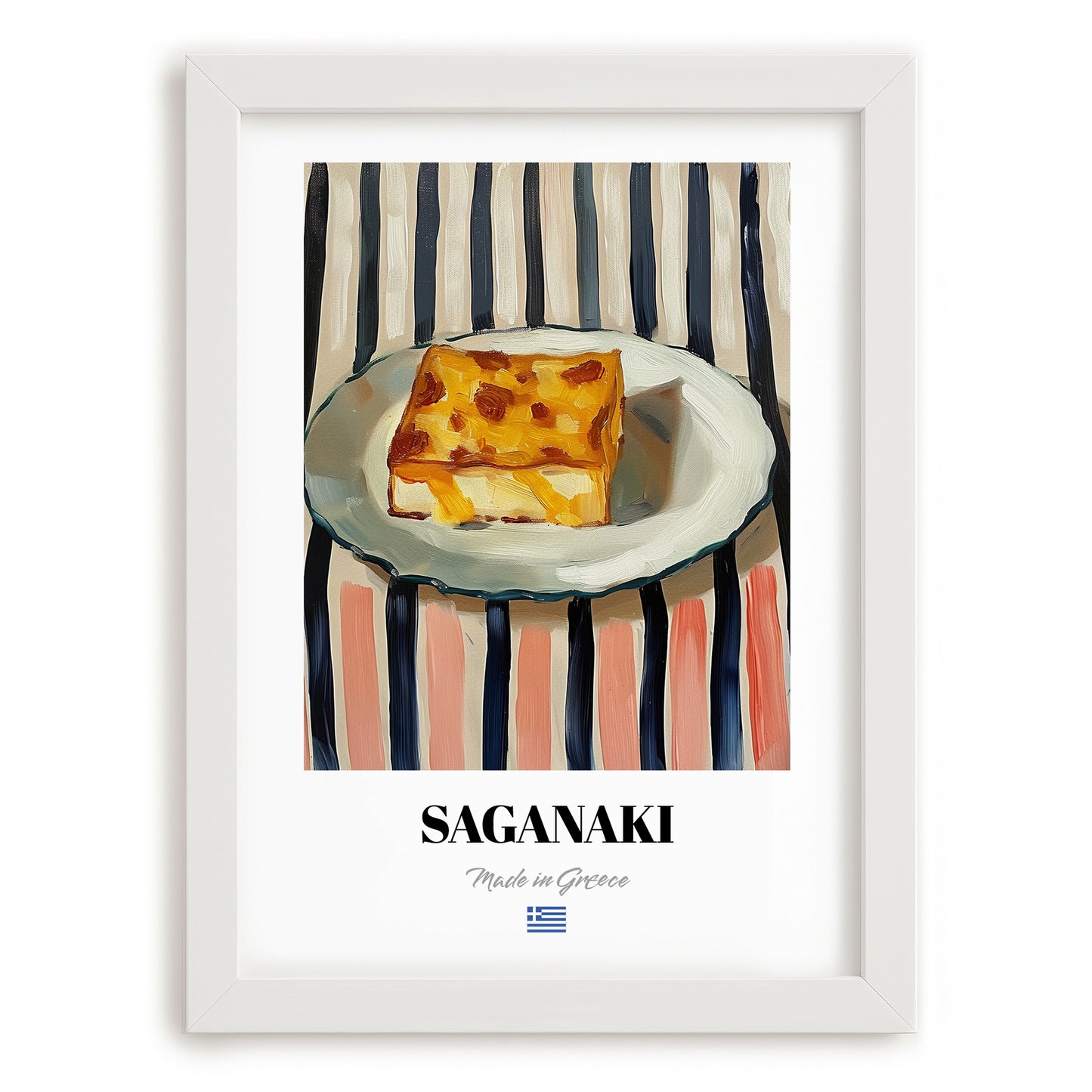 Saganaki – on Striped Tablecloth, Greek Cheese Wall Decor, placed in minimal white frame