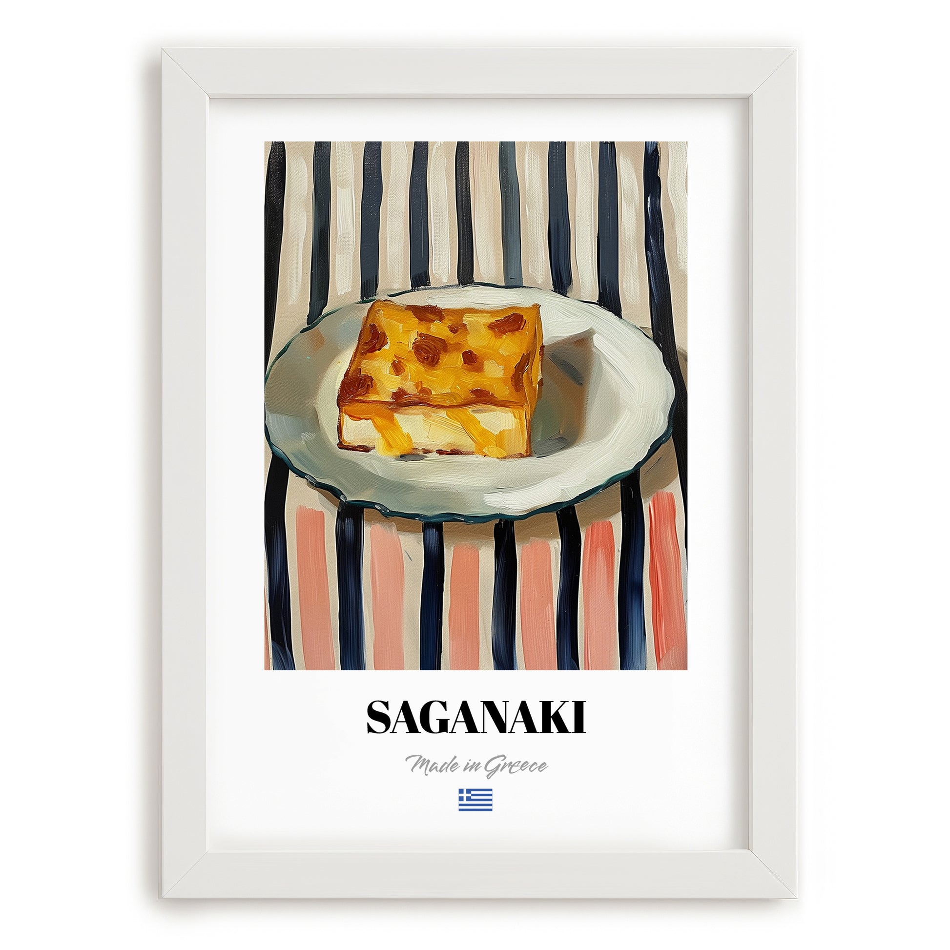 Saganaki – on Striped Tablecloth, Greek Cheese Wall Decor, placed in minimal white frame
