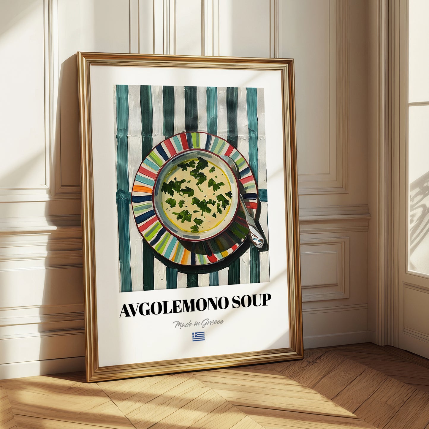 Avgolemono Soup – on Striped Tablecloth, Greek Food Wall Decor