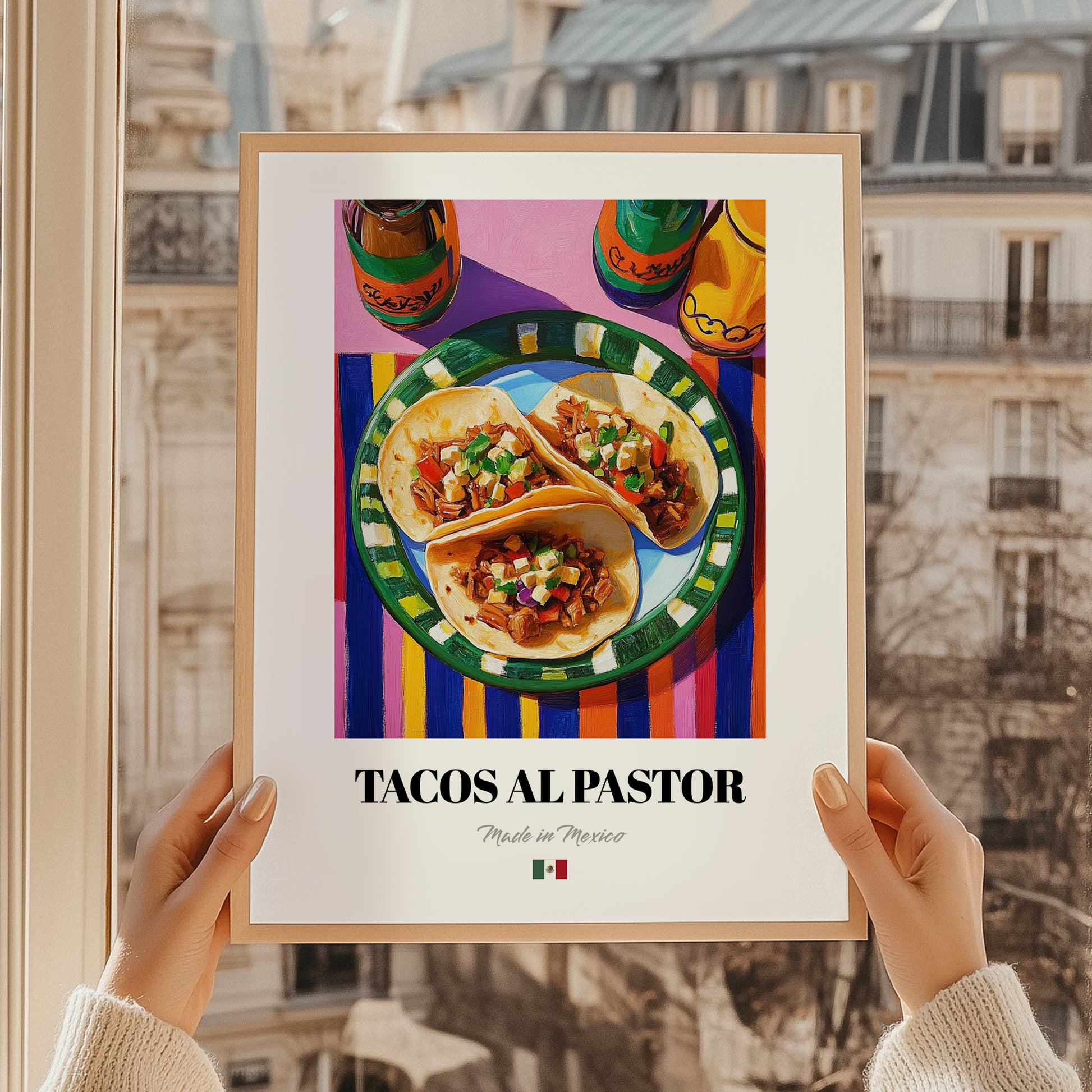 Tacos al Pastor – Oil Painting, Mexican Food Wall Painting, styled in a charming Paris street view