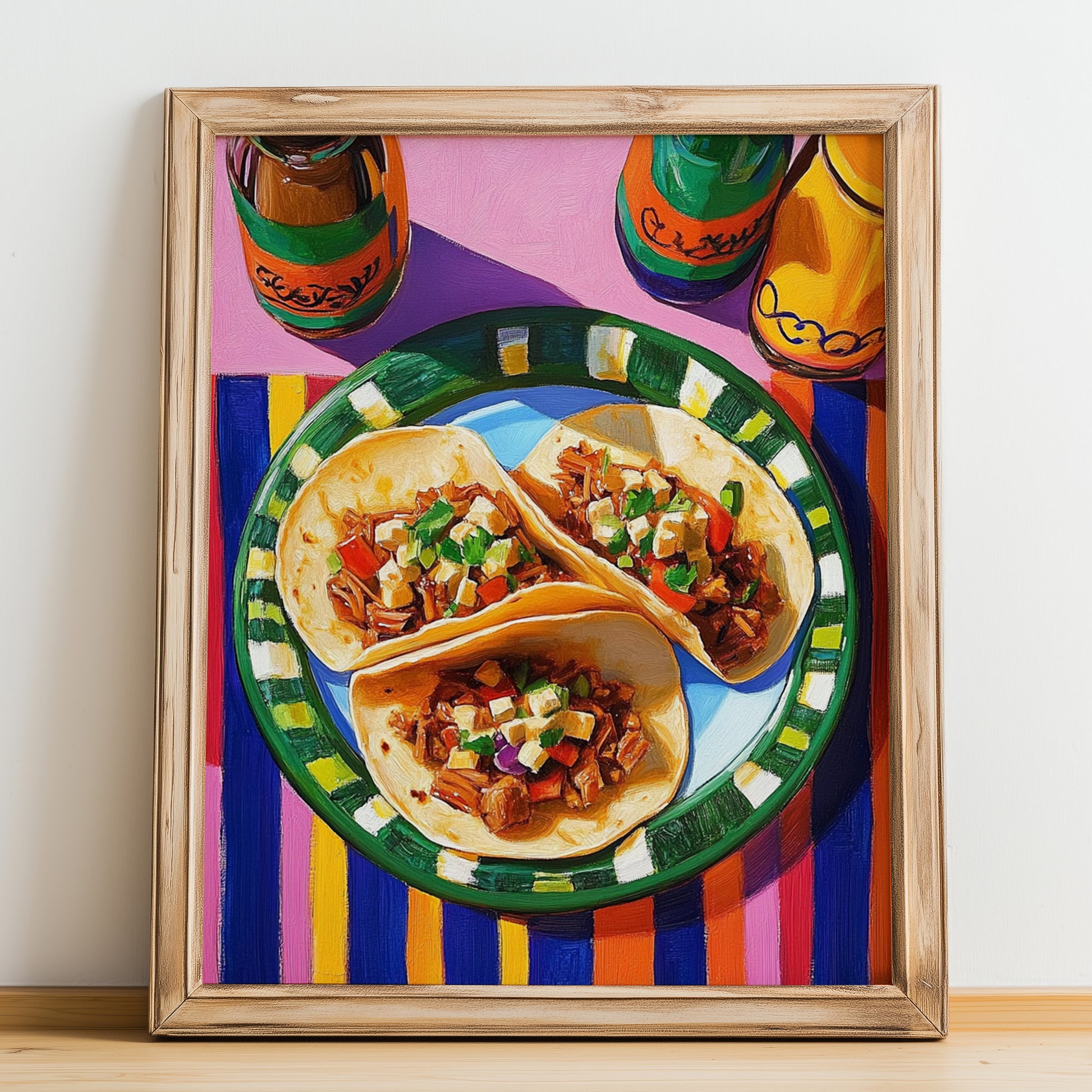 Tacos al Pastor – Oil Painting, Mexican Food Wall Painting, no-text version framed in wood