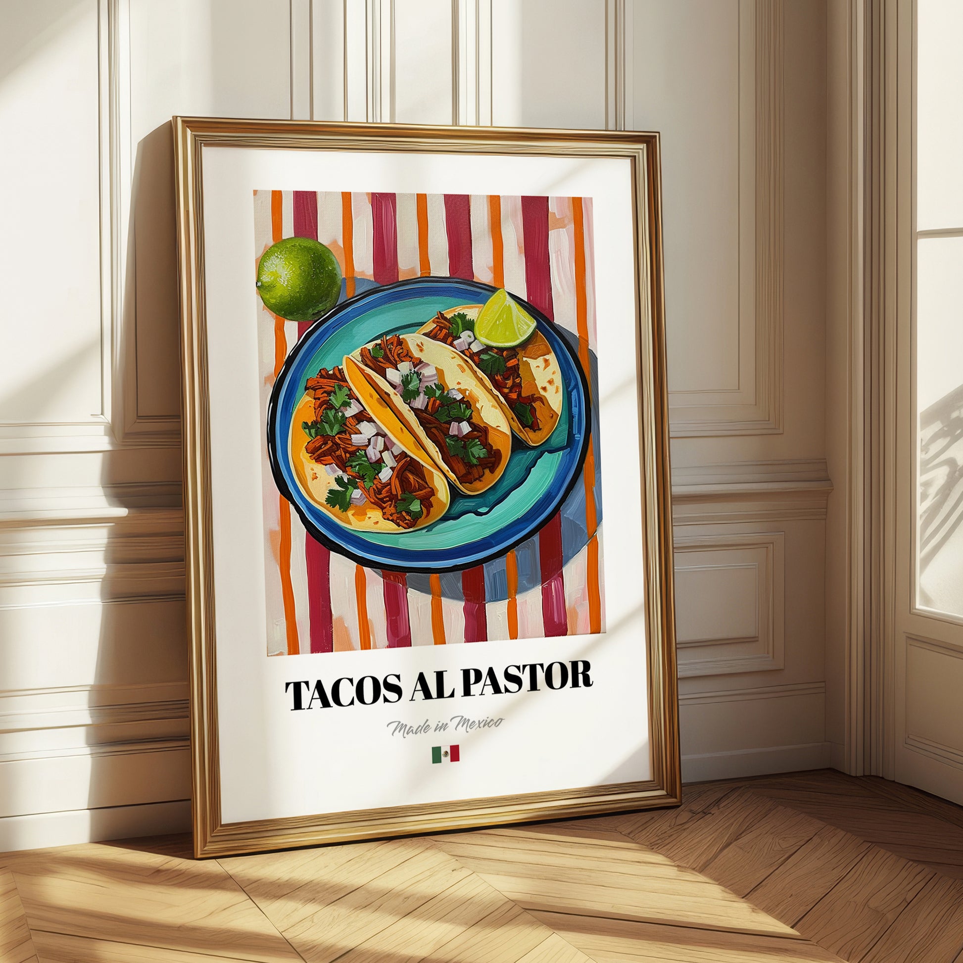 Tacos al Pastor – on Striped Tablecloth, Mexican Food Illustration