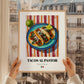 Tacos al Pastor – on Striped Tablecloth, Mexican Food Illustration, styled in a charming Paris street view
