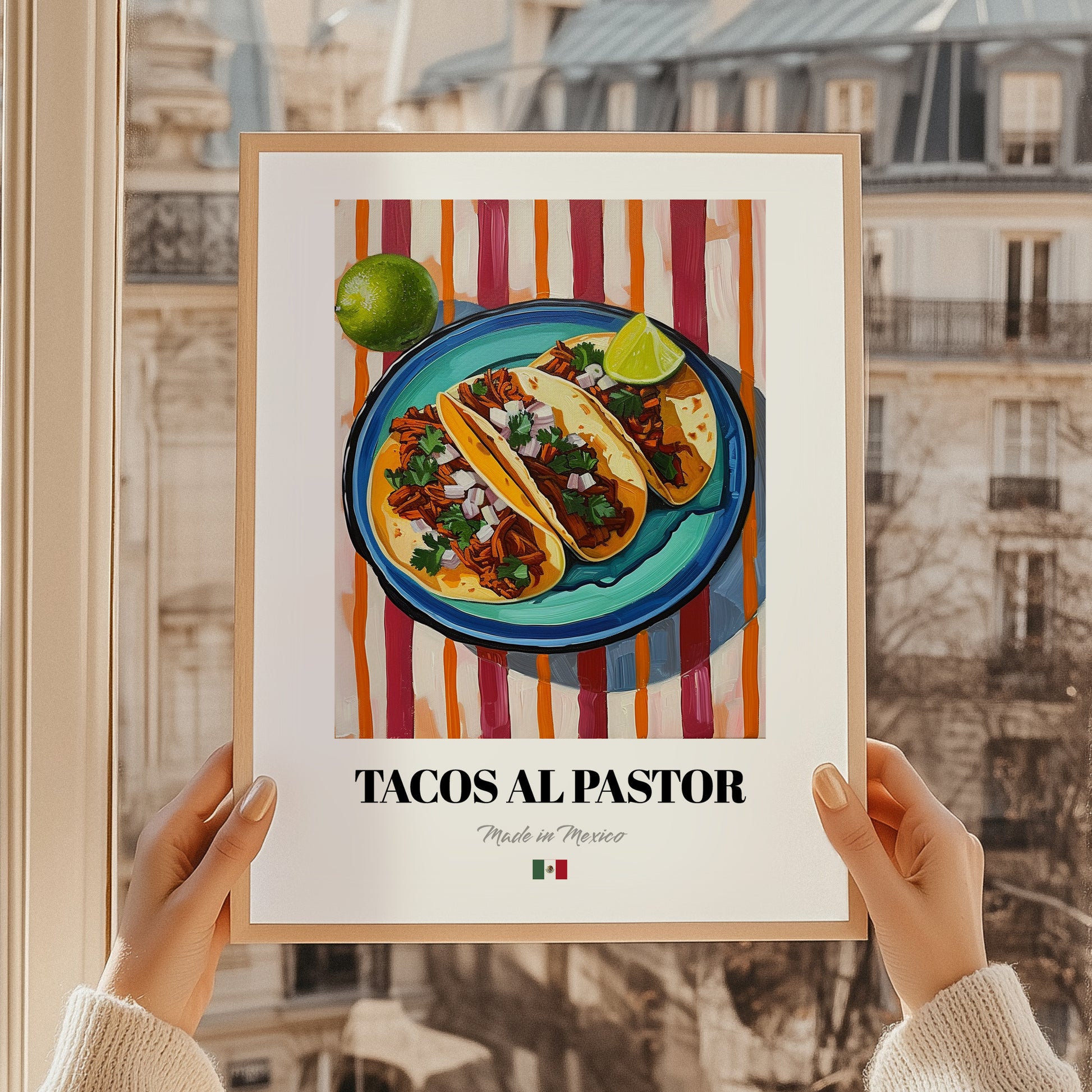 Tacos al Pastor – on Striped Tablecloth, Mexican Food Illustration, styled in a charming Paris street view