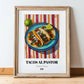 Tacos al Pastor – on Striped Tablecloth, Mexican Food Illustration, in wooden frame leaning on the floor