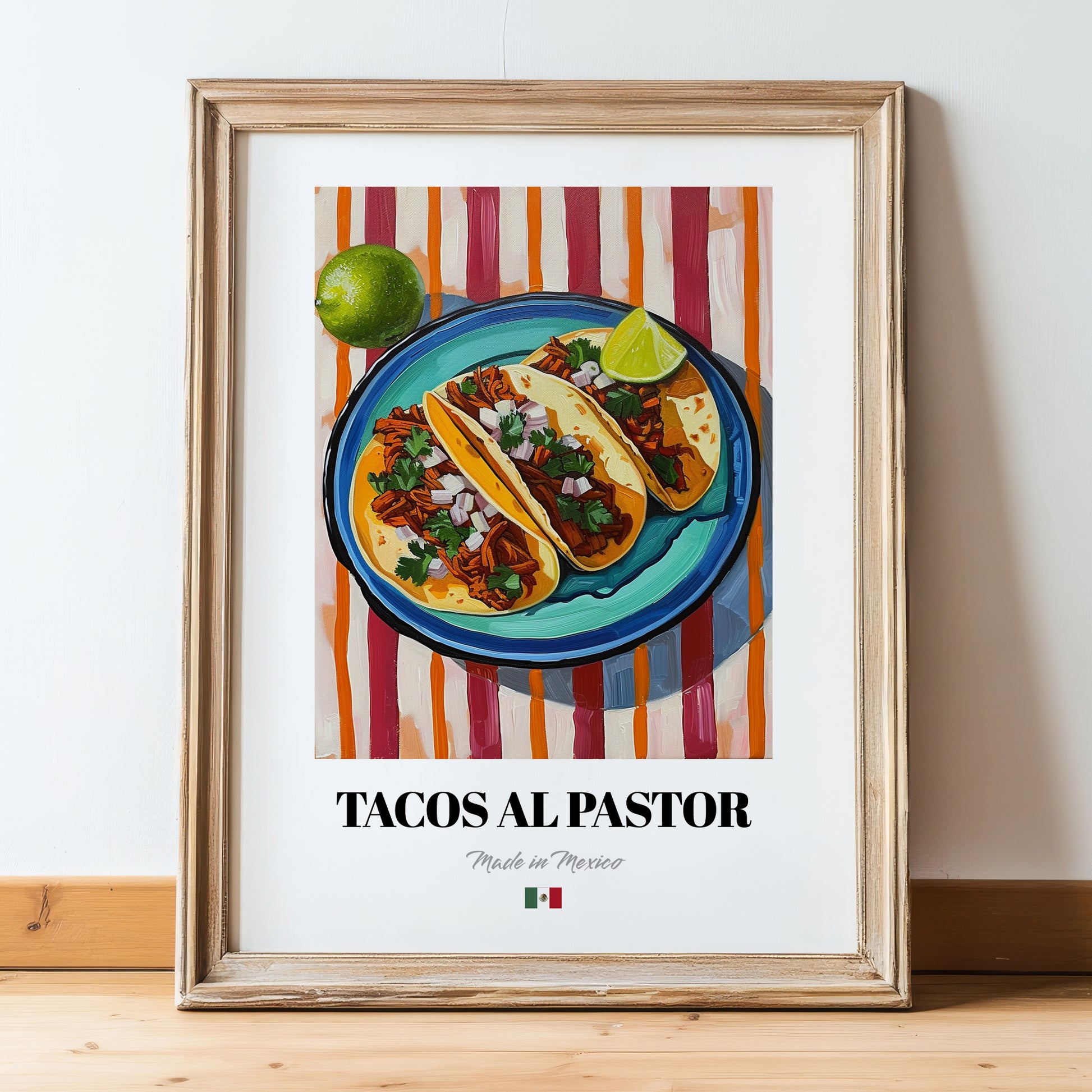 Tacos al Pastor – on Striped Tablecloth, Mexican Food Illustration, in wooden frame leaning on the floor