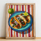 Tacos al Pastor – on Striped Tablecloth, Mexican Food Illustration, no-text version framed in wood