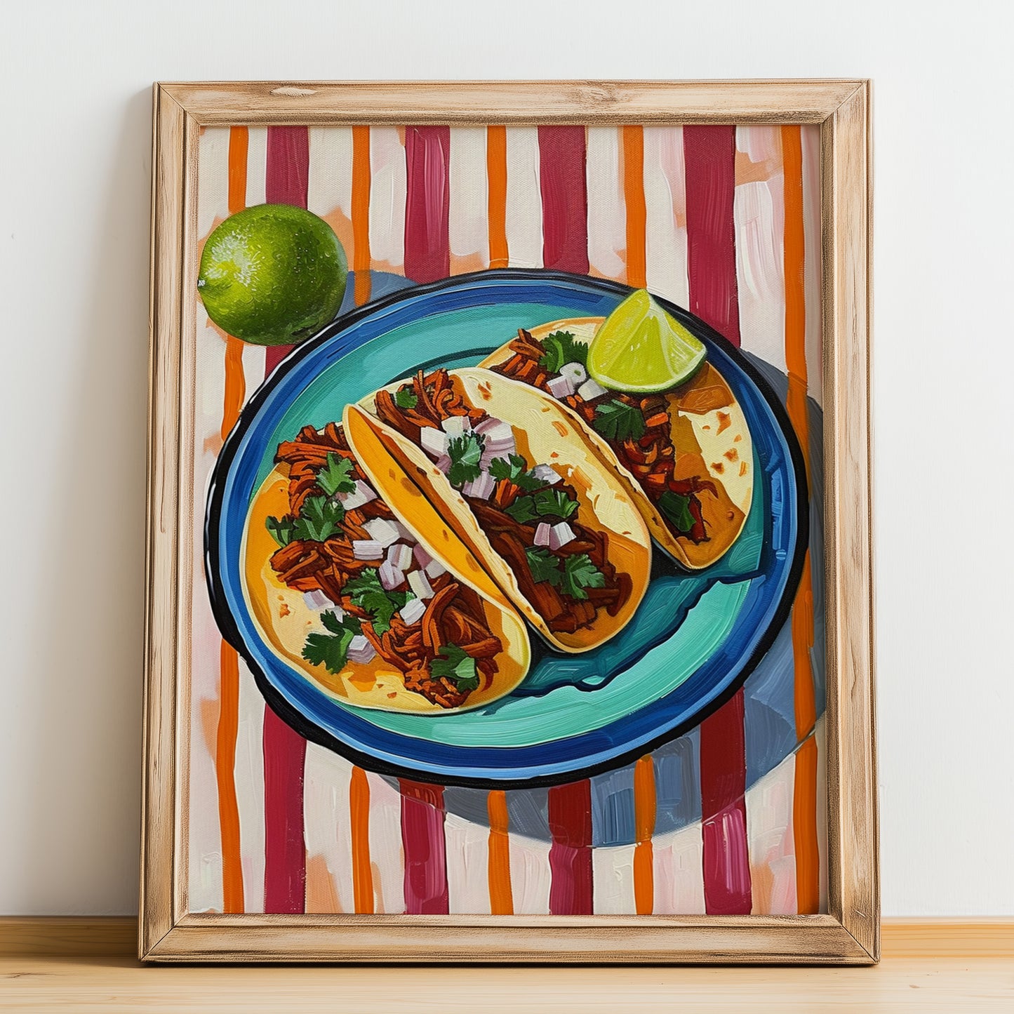 Tacos al Pastor – on Striped Tablecloth, Mexican Food Illustration, no-text version framed in wood