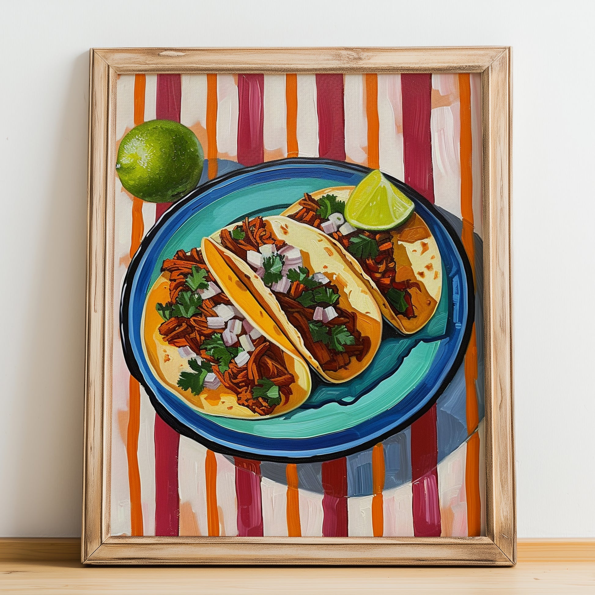 Tacos al Pastor – on Striped Tablecloth, Mexican Food Illustration, no-text version framed in wood