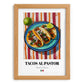Tacos al Pastor – on Striped Tablecloth, Mexican Food Illustration, set in oak frame