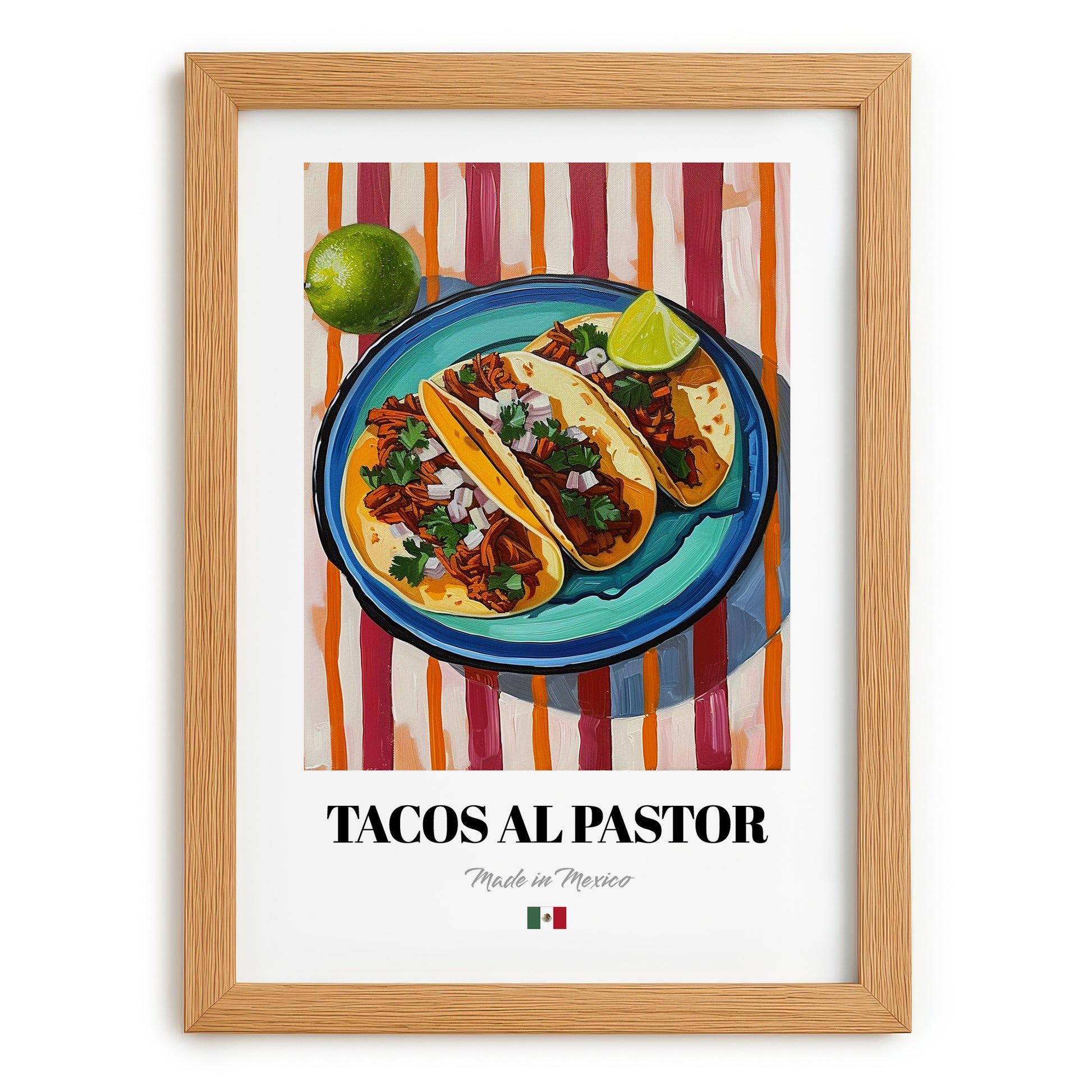 Tacos al Pastor – on Striped Tablecloth, Mexican Food Illustration, set in oak frame