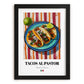 Tacos al Pastor – on Striped Tablecloth, Mexican Food Illustration, in sleek black frame