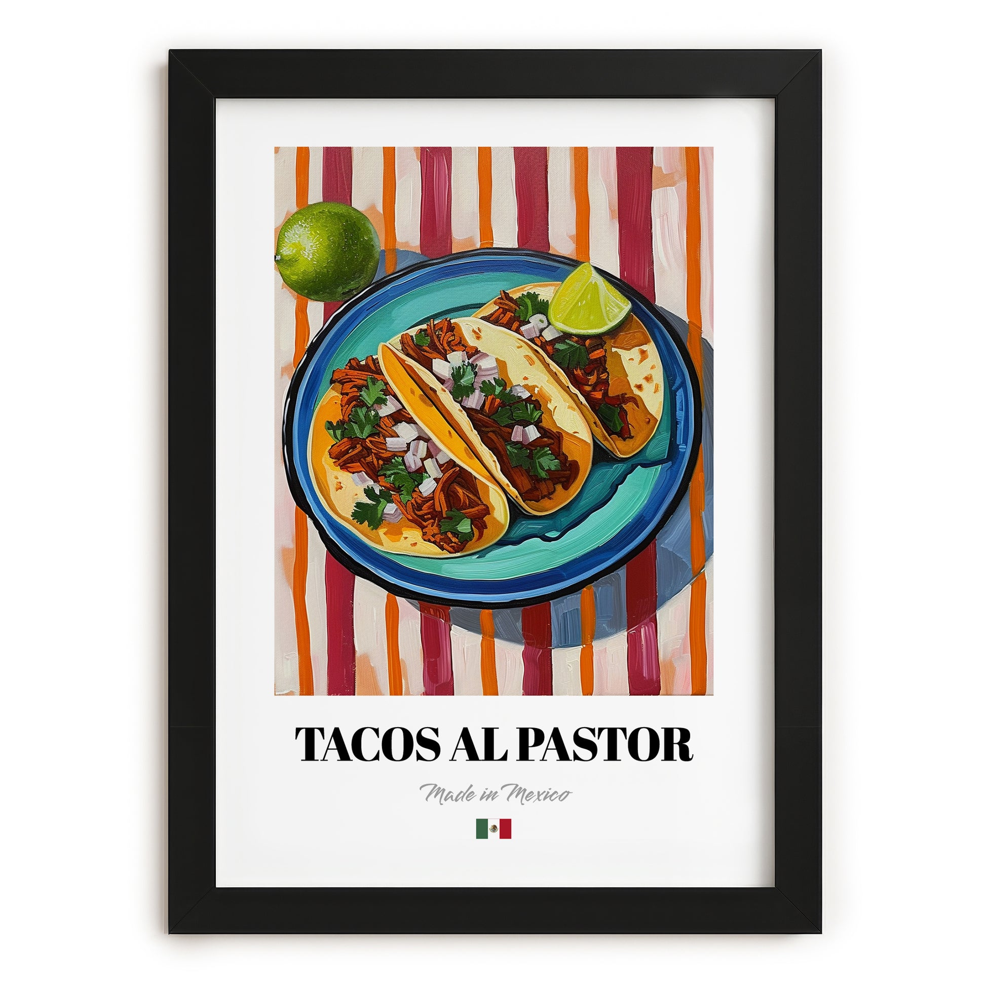 Tacos al Pastor – on Striped Tablecloth, Mexican Food Illustration, in sleek black frame