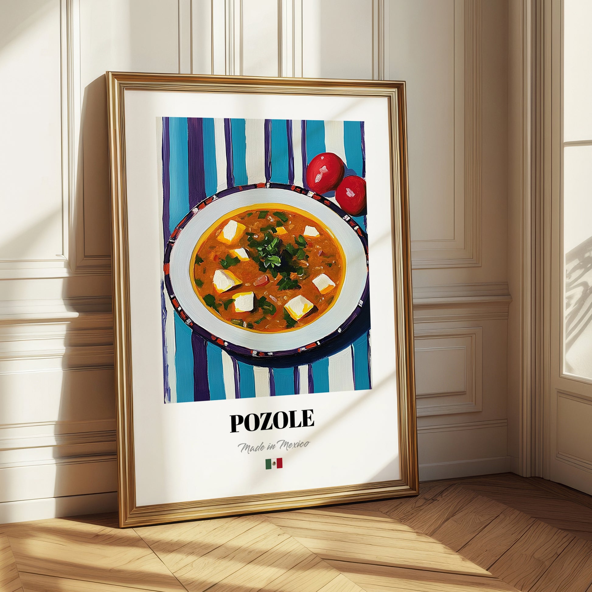Pozole – on Striped Tablecloth, Mexican Food Print