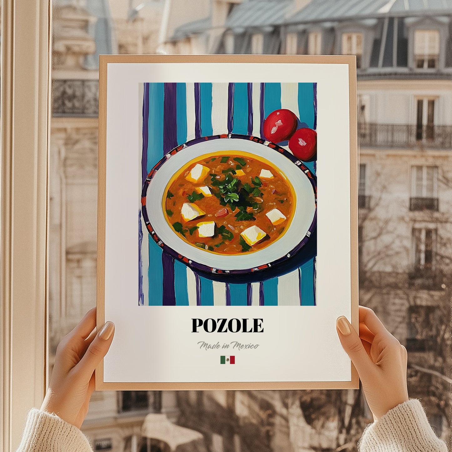 Pozole – on Striped Tablecloth, Mexican Food Print, styled in a charming Paris street view