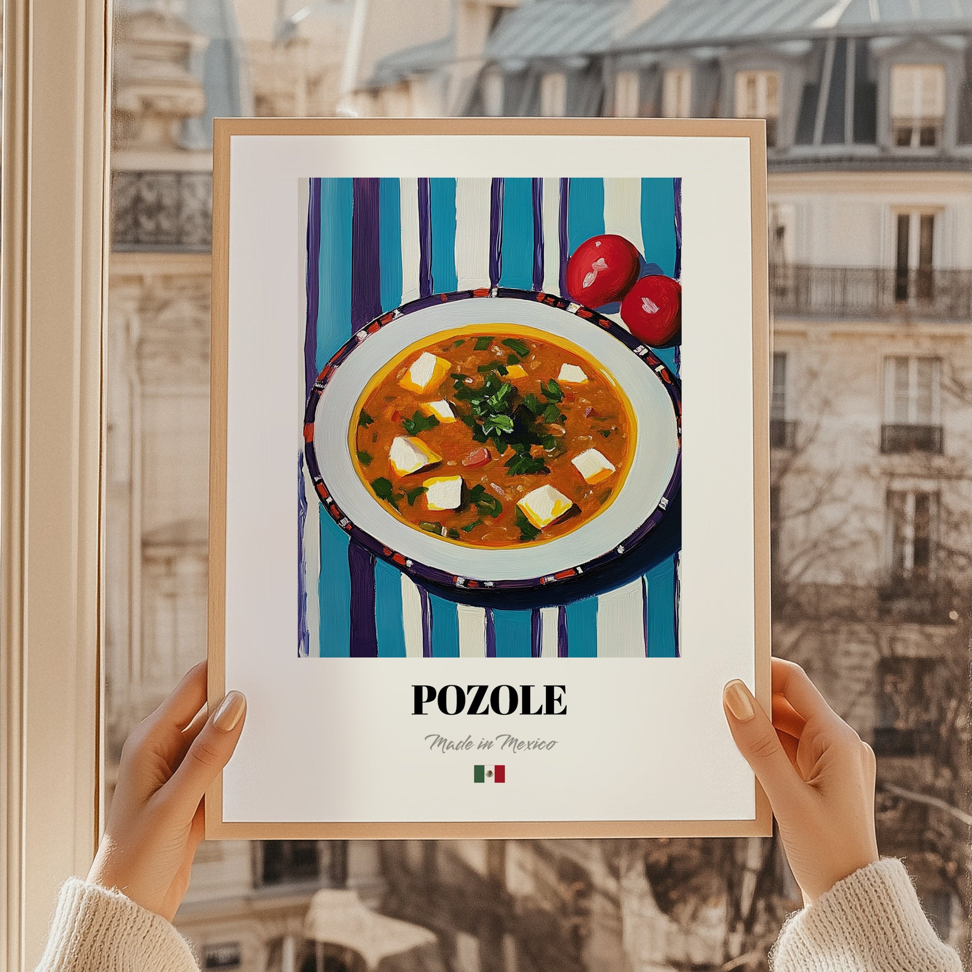 Pozole – on Striped Tablecloth, Mexican Food Print, styled in a charming Paris street view