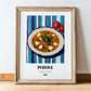 Pozole – on Striped Tablecloth, Mexican Food Print, in wooden frame leaning on the floor