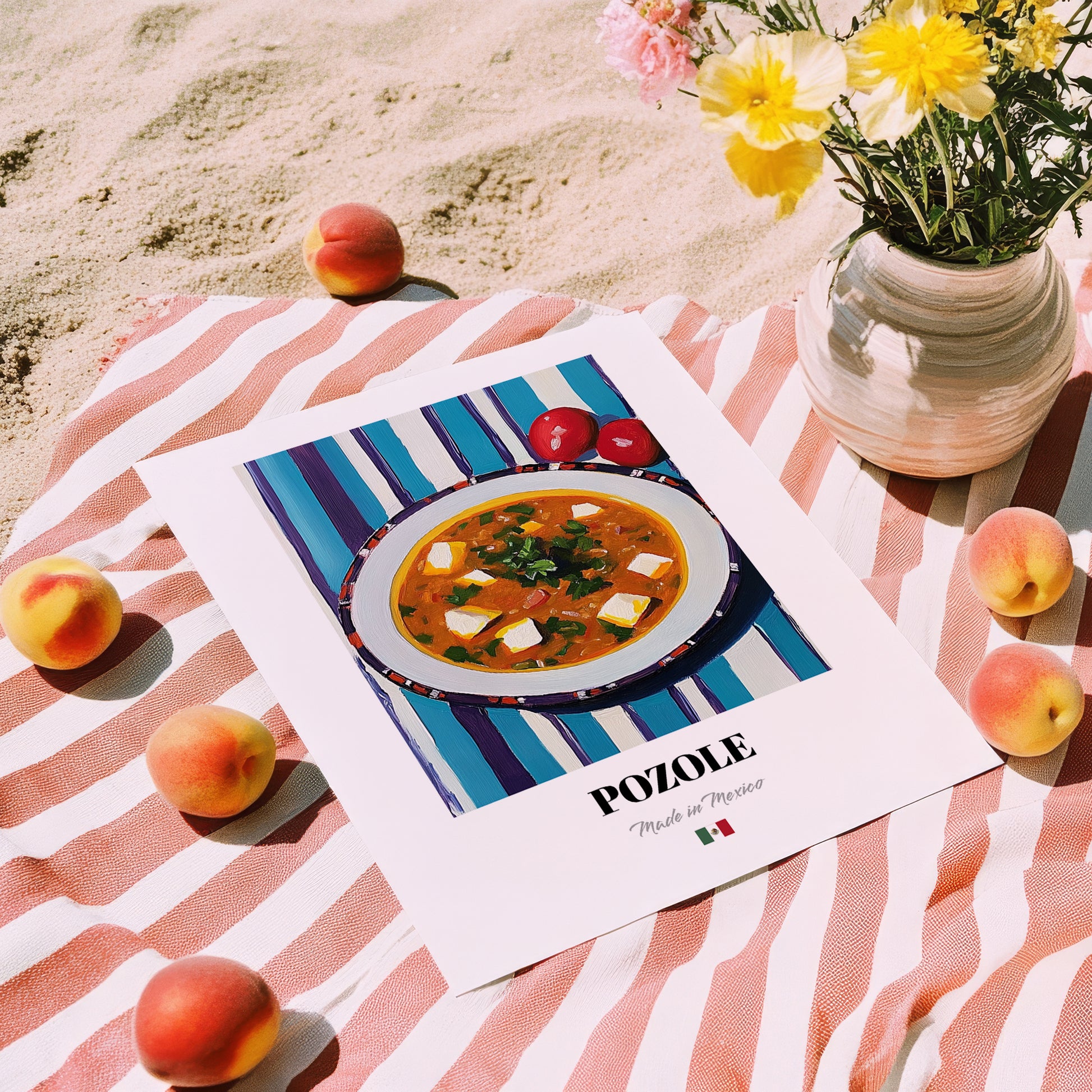 Pozole – on Striped Tablecloth, Mexican Food Print, unframed on coastal sand