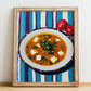 Pozole – on Striped Tablecloth, Mexican Food Print, no-text version framed in wood