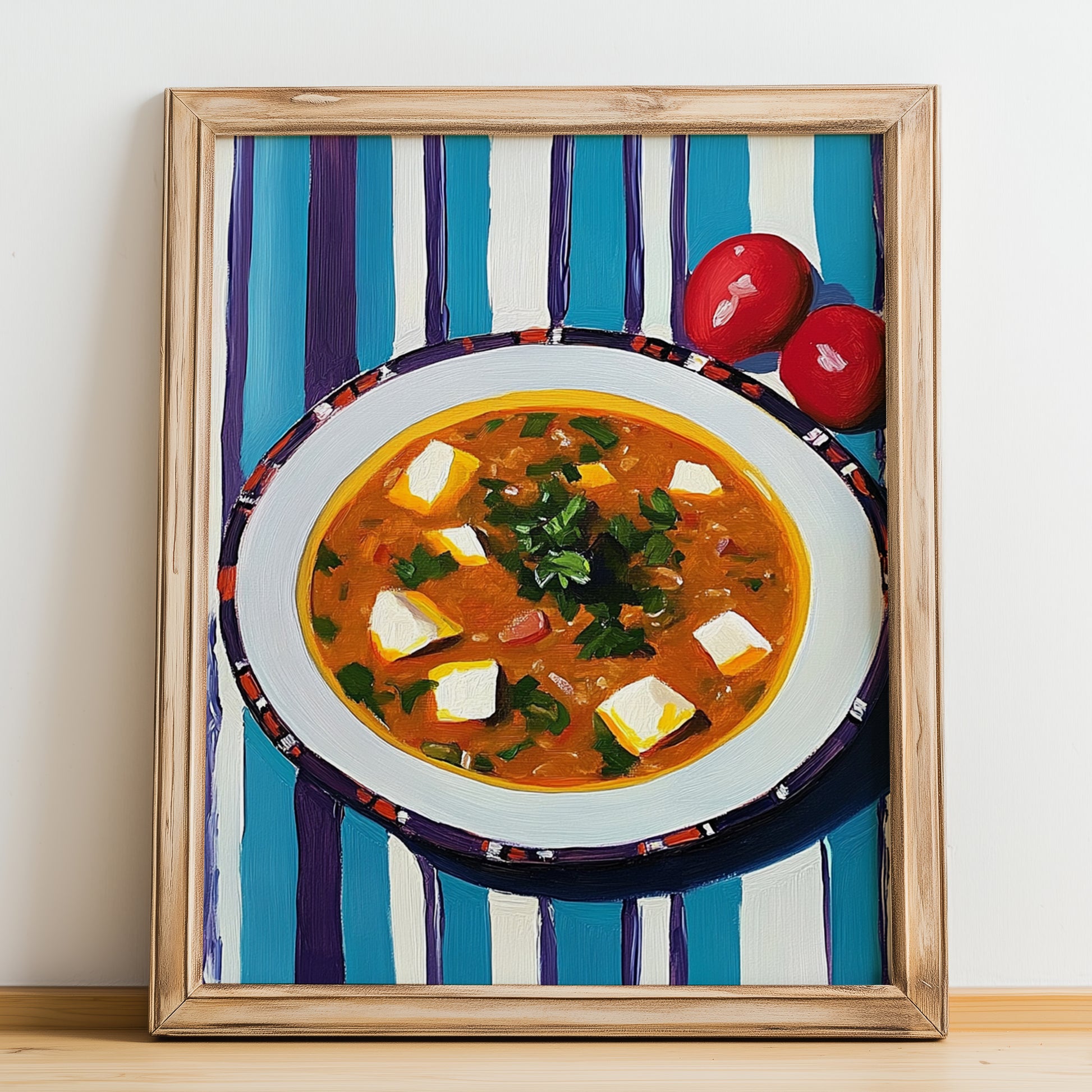 Pozole – on Striped Tablecloth, Mexican Food Print, no-text version framed in wood