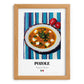 Pozole – on Striped Tablecloth, Mexican Food Print, set in oak frame