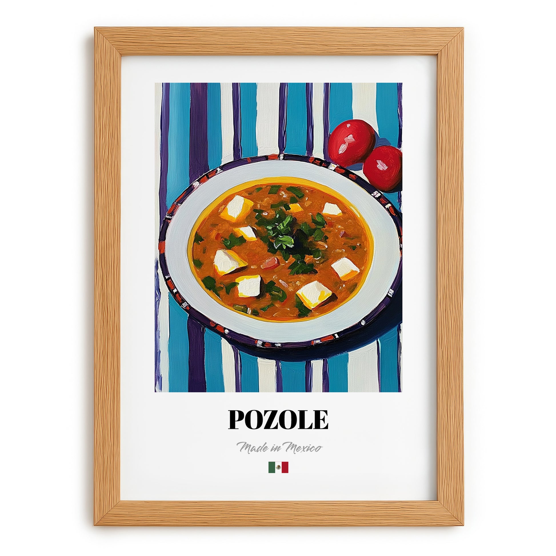 Pozole – on Striped Tablecloth, Mexican Food Print, set in oak frame