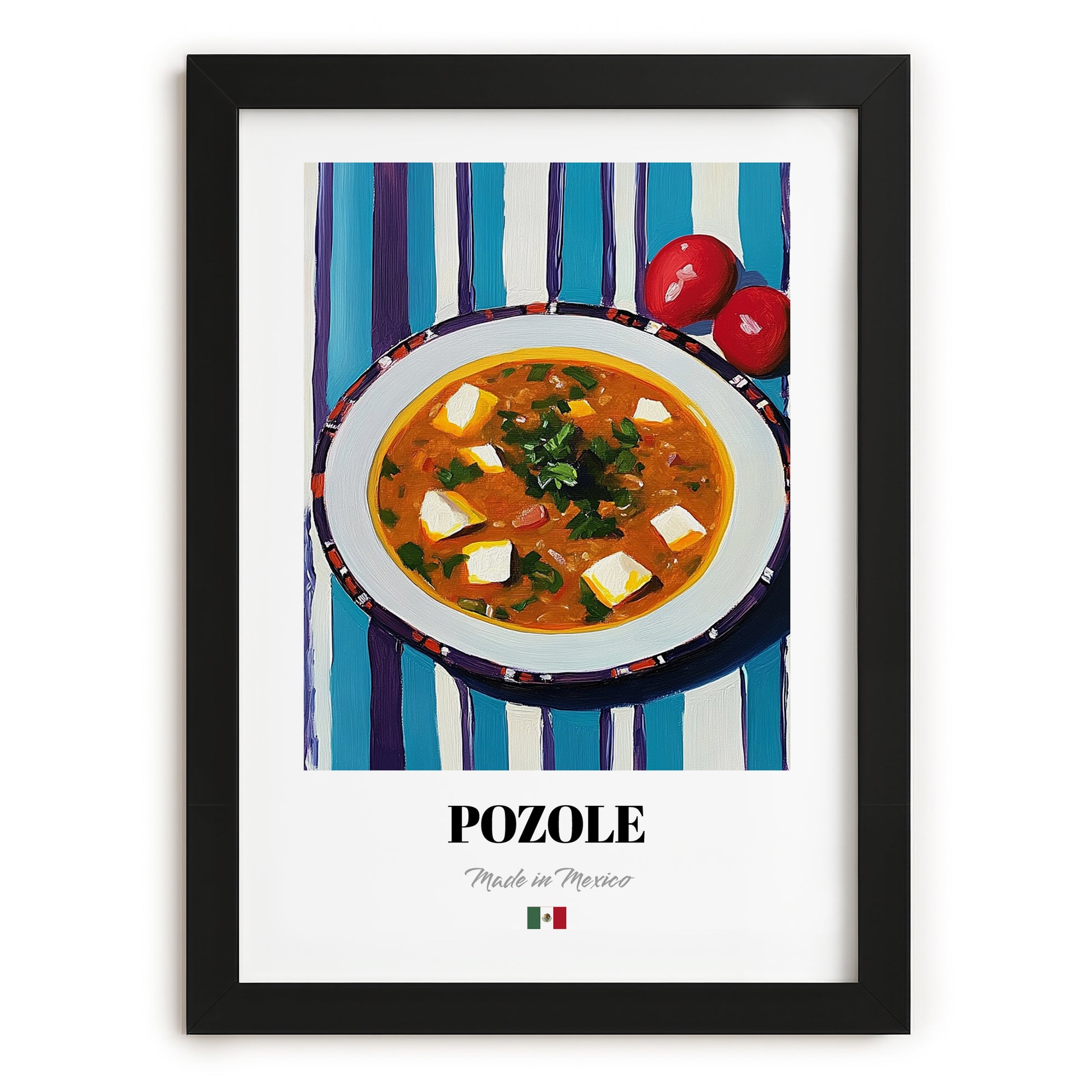 Pozole – on Striped Tablecloth, Mexican Food Print, in sleek black frame