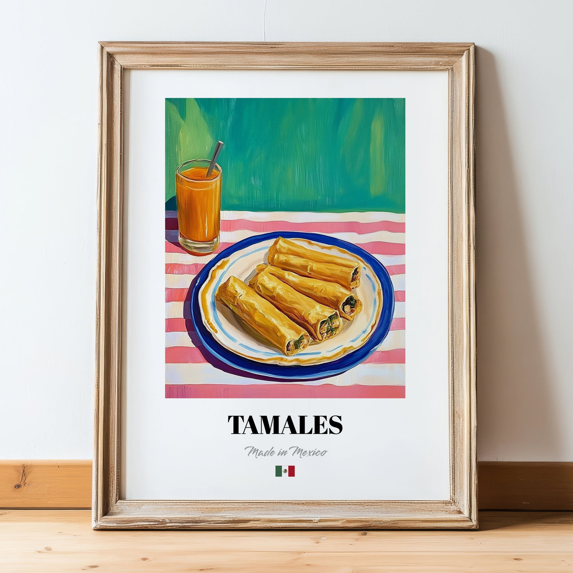 Tamales – Art, Mexican Food Still Life, in wooden frame leaning on the floor