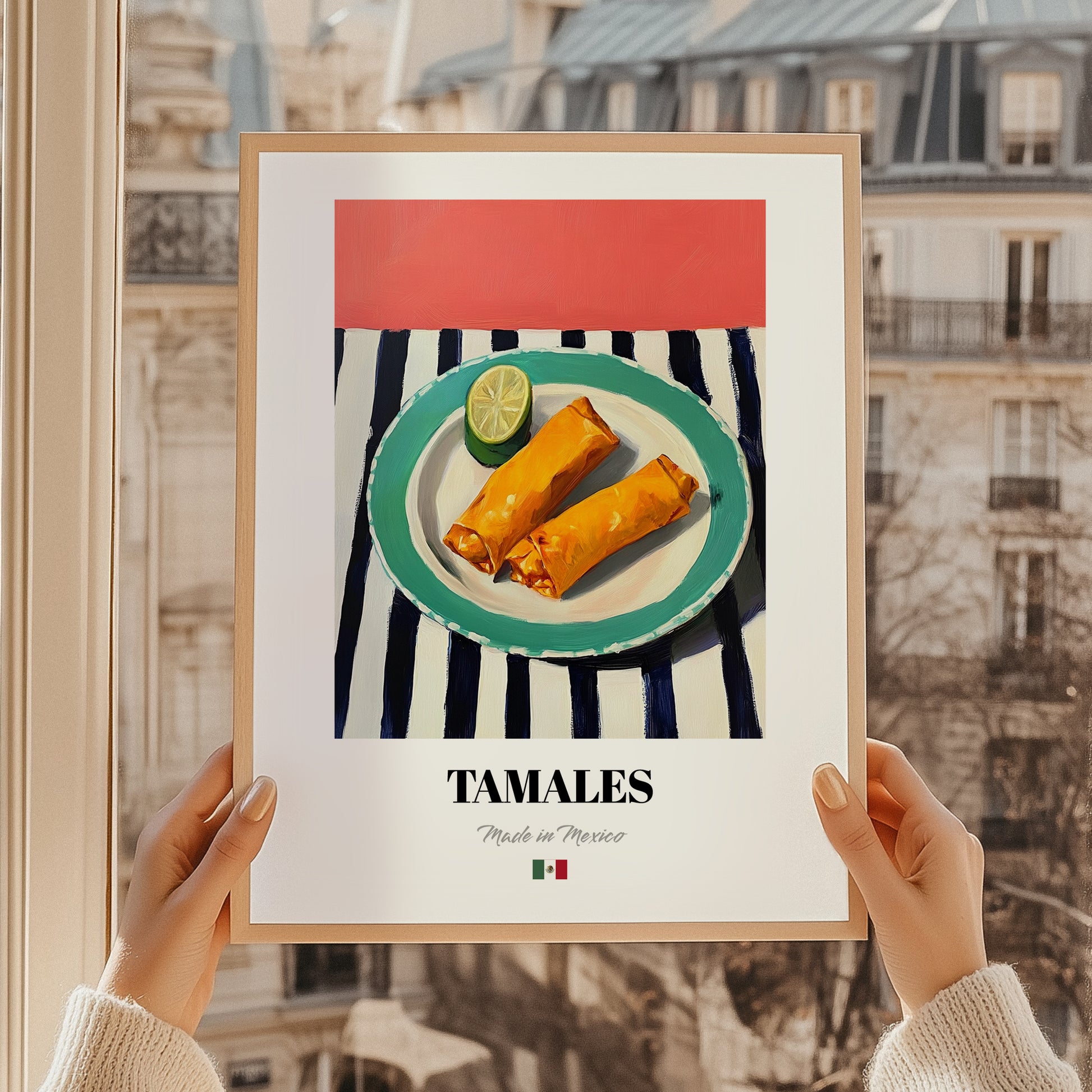 Tamales – on Striped Tablecloth, Mexican Food Wall Decor, styled in a charming Paris street view
