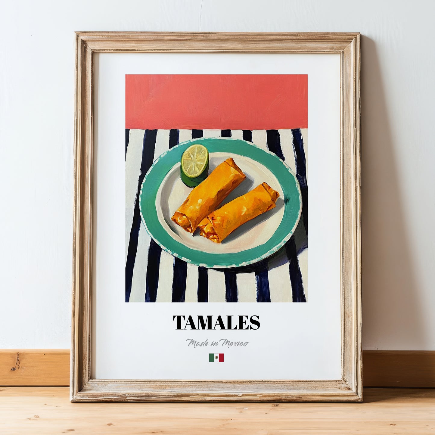 Tamales – on Striped Tablecloth, Mexican Food Wall Decor, in wooden frame leaning on the floor