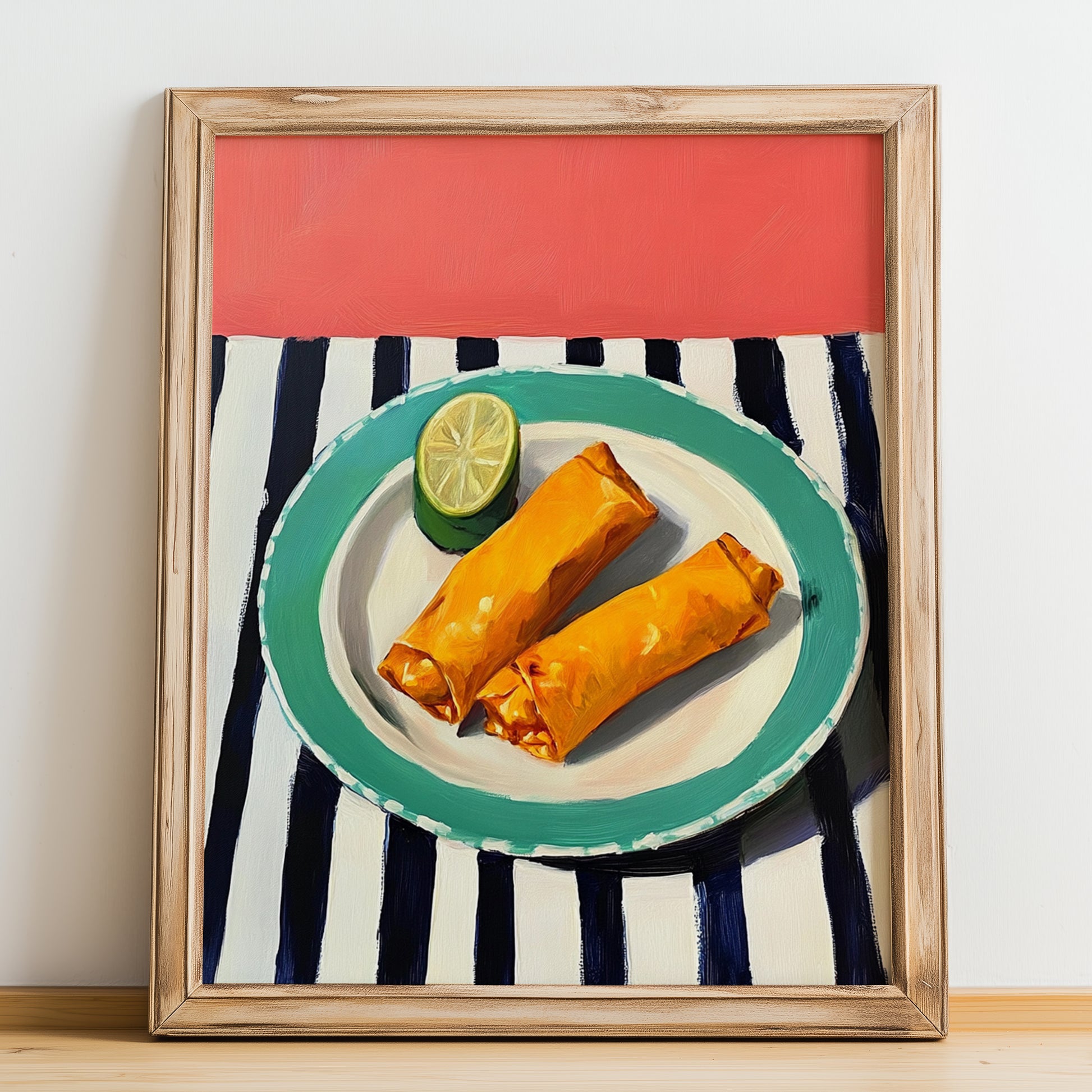 Tamales – on Striped Tablecloth, Mexican Food Wall Decor, no-text version framed in wood