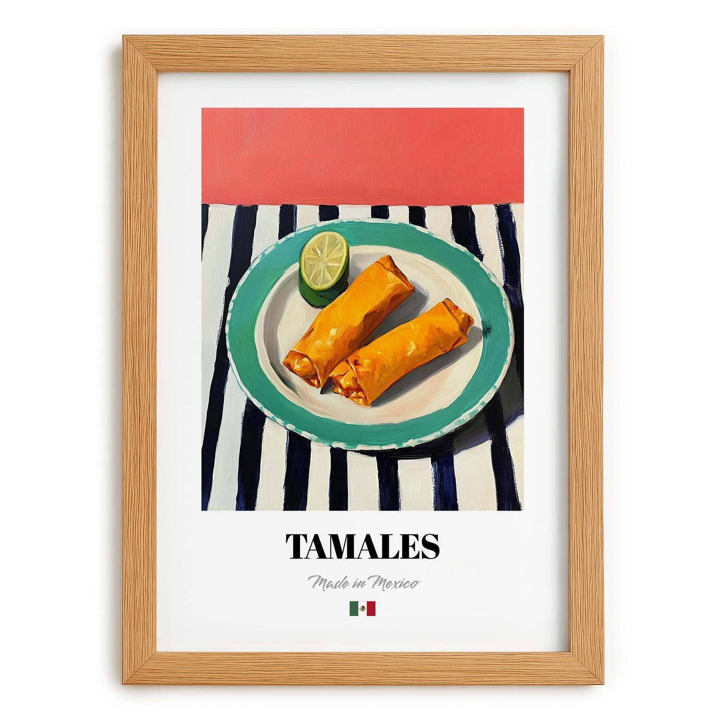 Tamales – on Striped Tablecloth, Mexican Food Wall Decor, set in oak frame