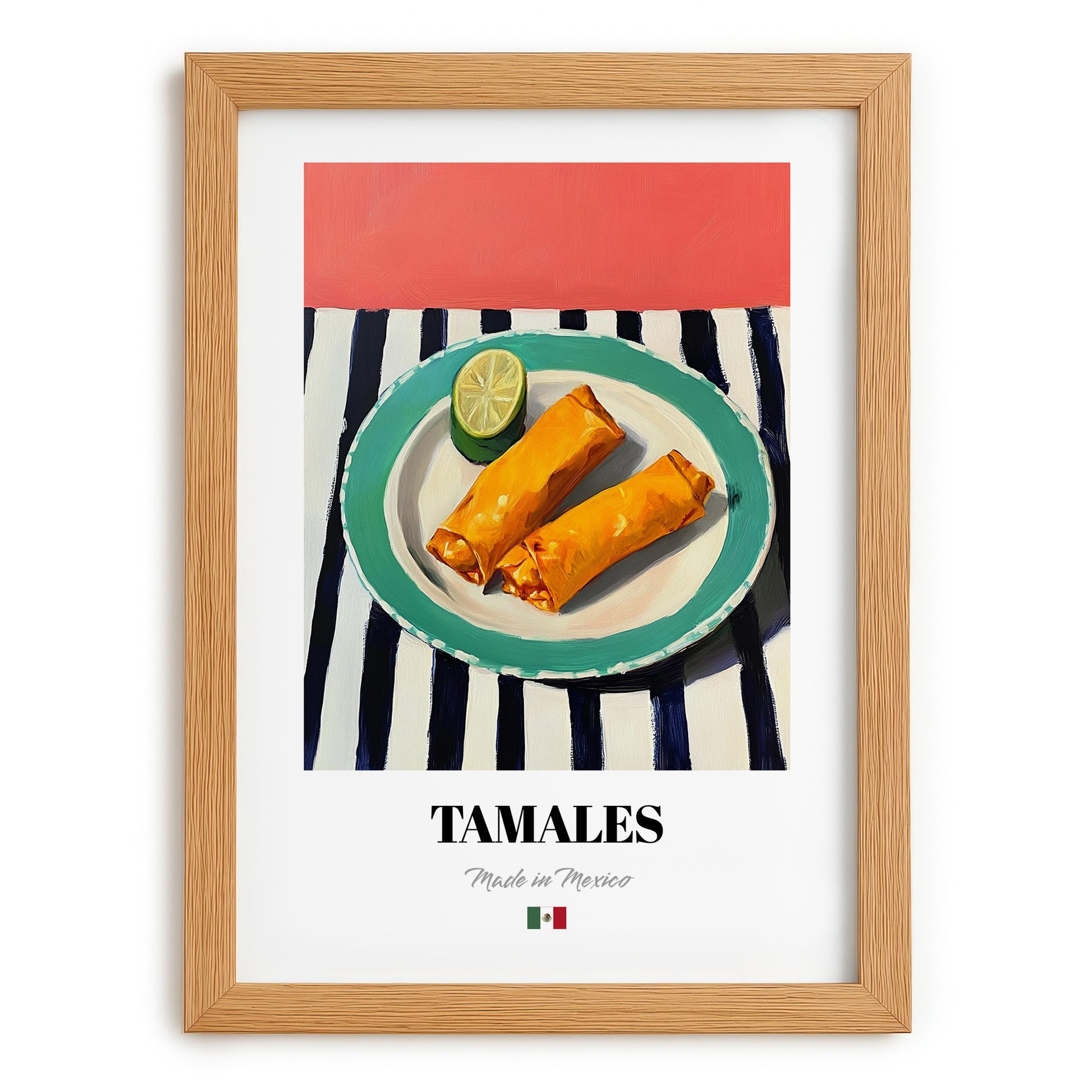 Tamales – on Striped Tablecloth, Mexican Food Wall Decor, set in oak frame
