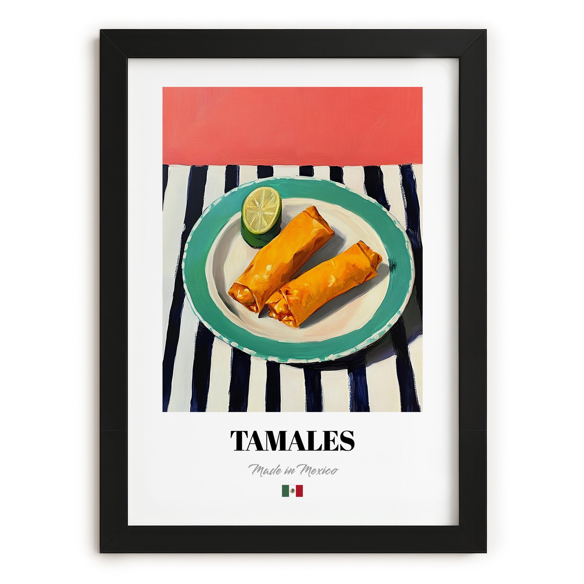 Tamales – on Striped Tablecloth, Mexican Food Wall Decor, in sleek black frame