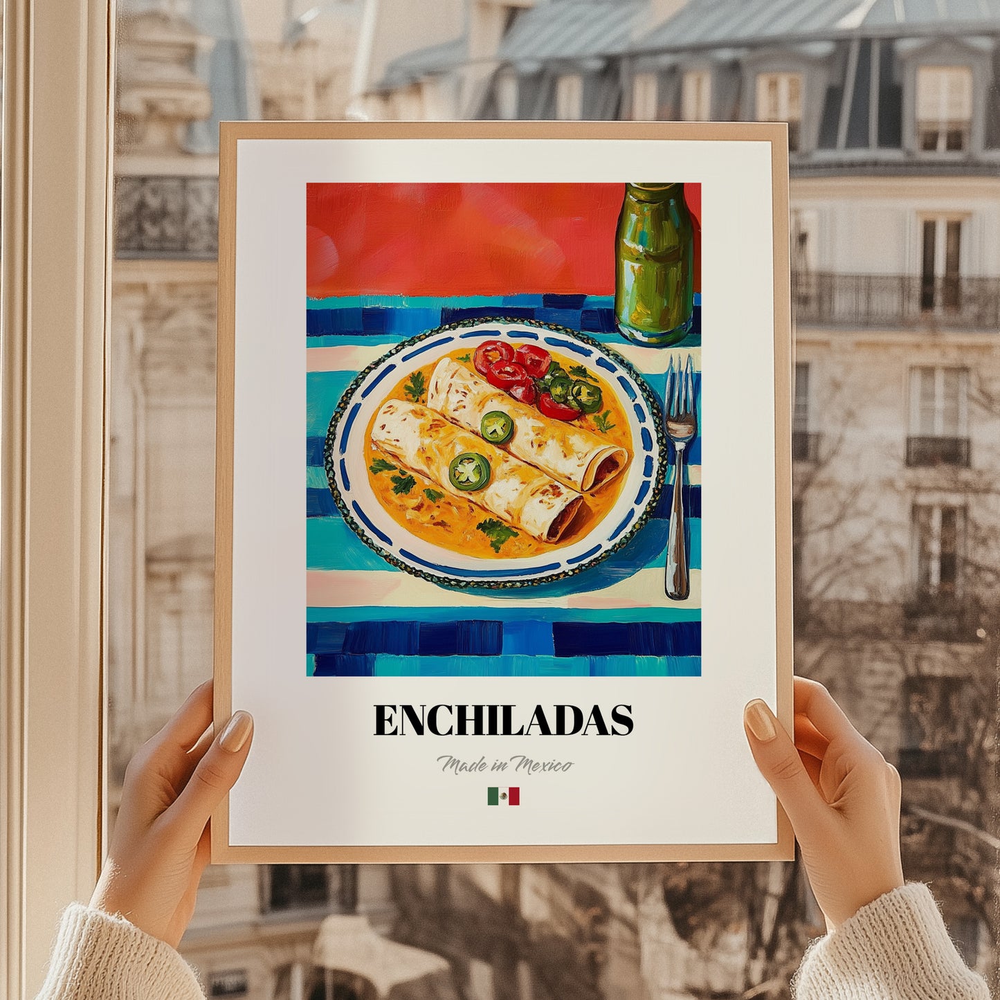 Enchiladas – Colorful Oil Painting, Mexican Food Painting, styled in a charming Paris street view
