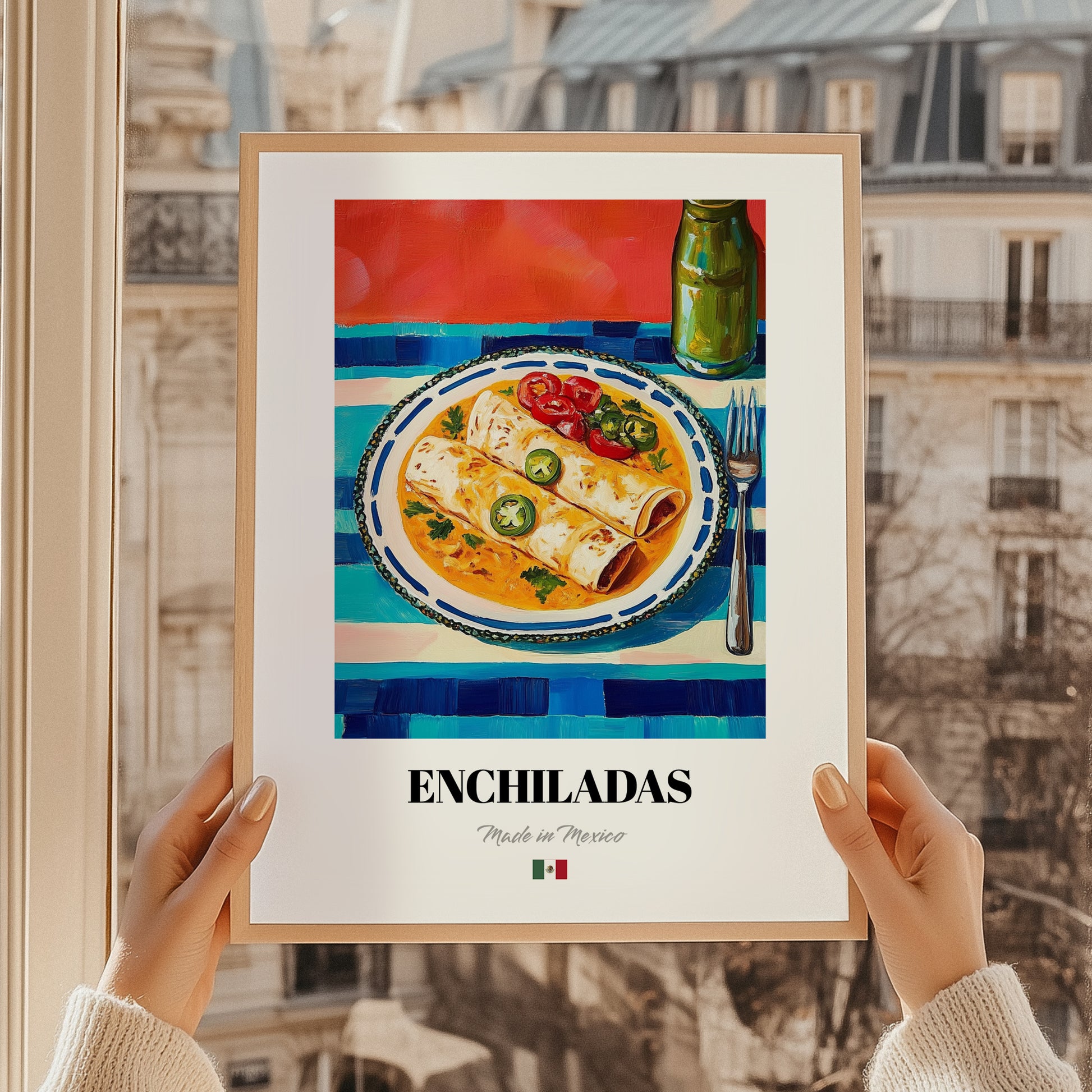 Enchiladas – Colorful Oil Painting, Mexican Food Painting, styled in a charming Paris street view