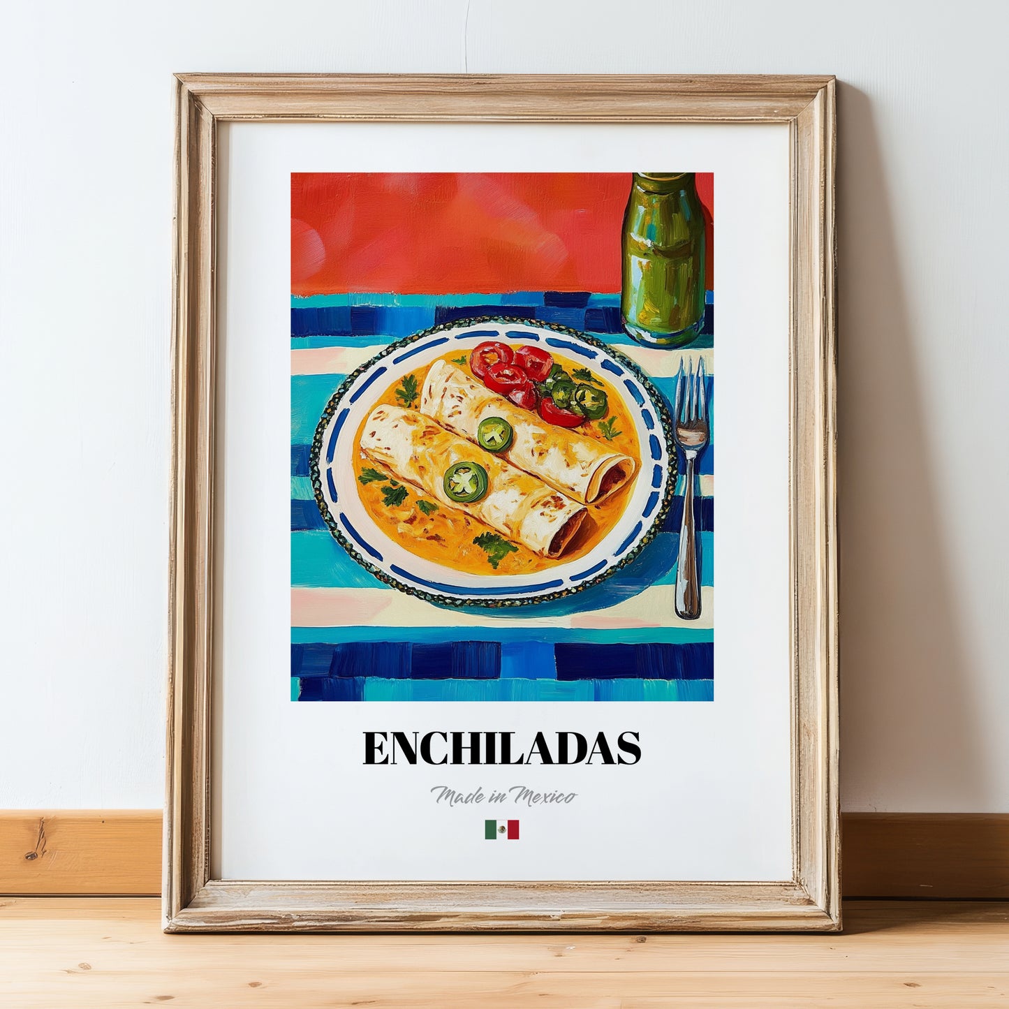 Enchiladas – Colorful Oil Painting, Mexican Food Painting, in wooden frame leaning on the floor