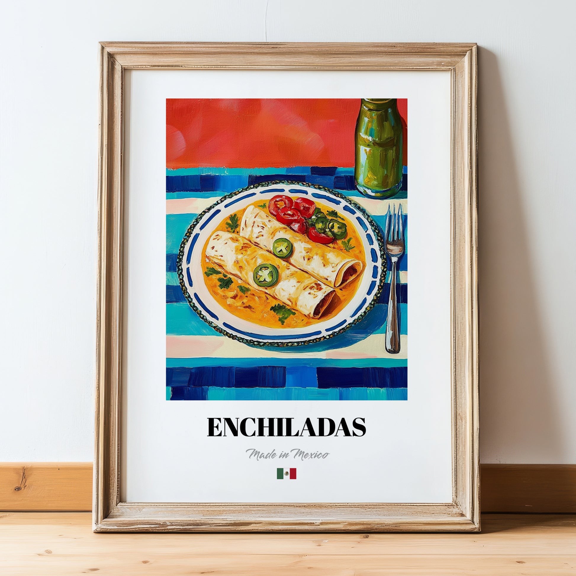 Enchiladas – Colorful Oil Painting, Mexican Food Painting, in wooden frame leaning on the floor