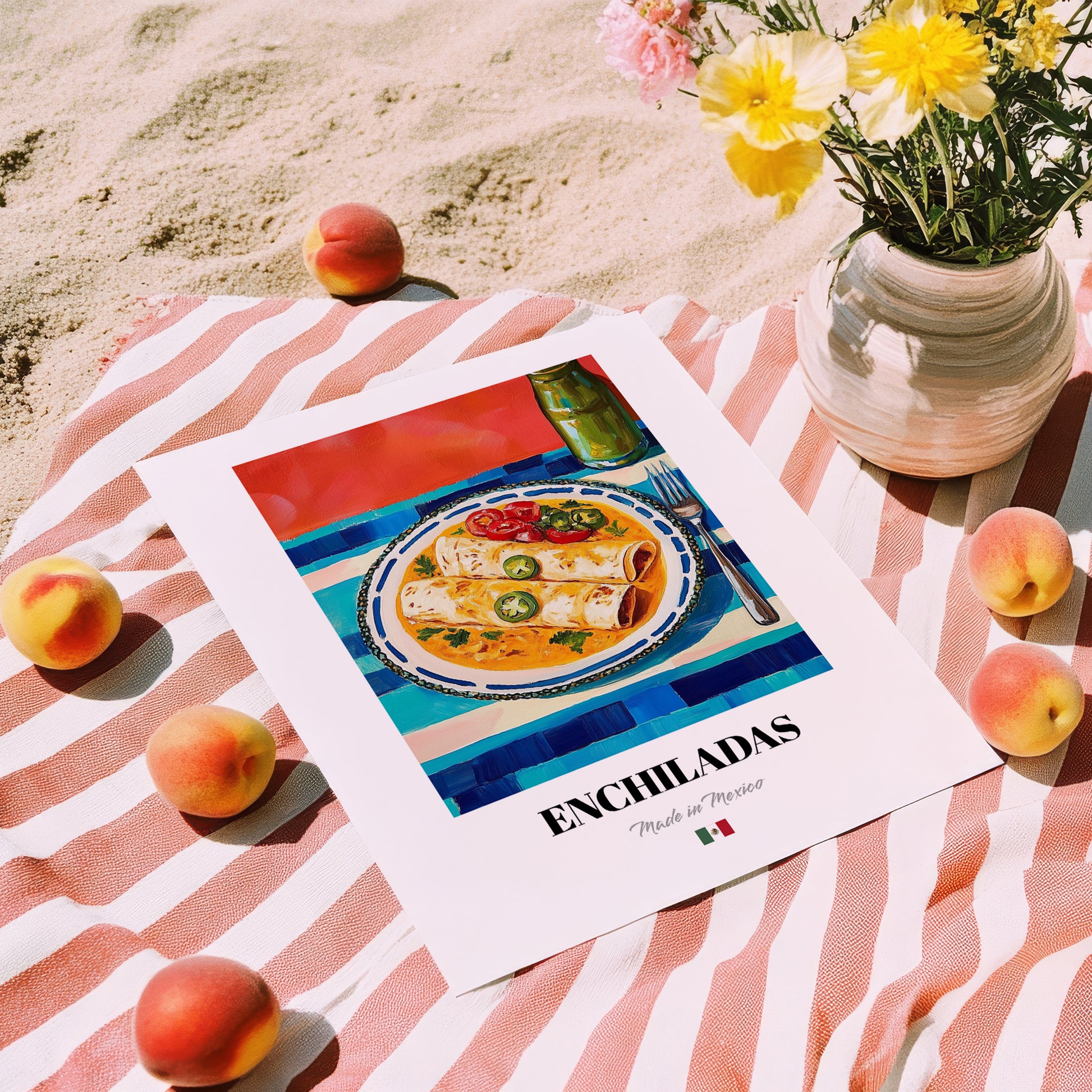 Enchiladas – Colorful Oil Painting, Mexican Food Painting, unframed on coastal sand