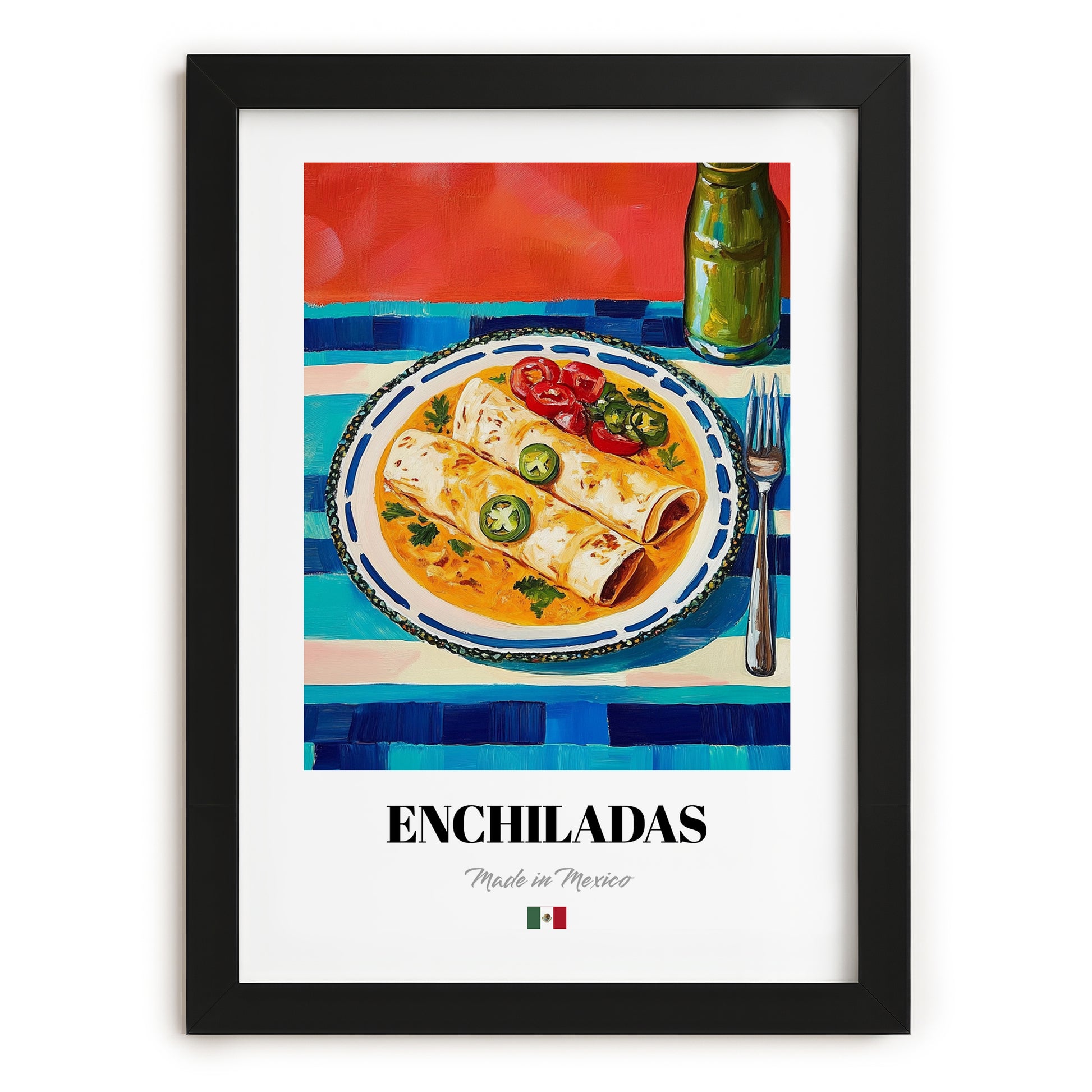 Enchiladas – Colorful Oil Painting, Mexican Food Painting, in sleek black frame