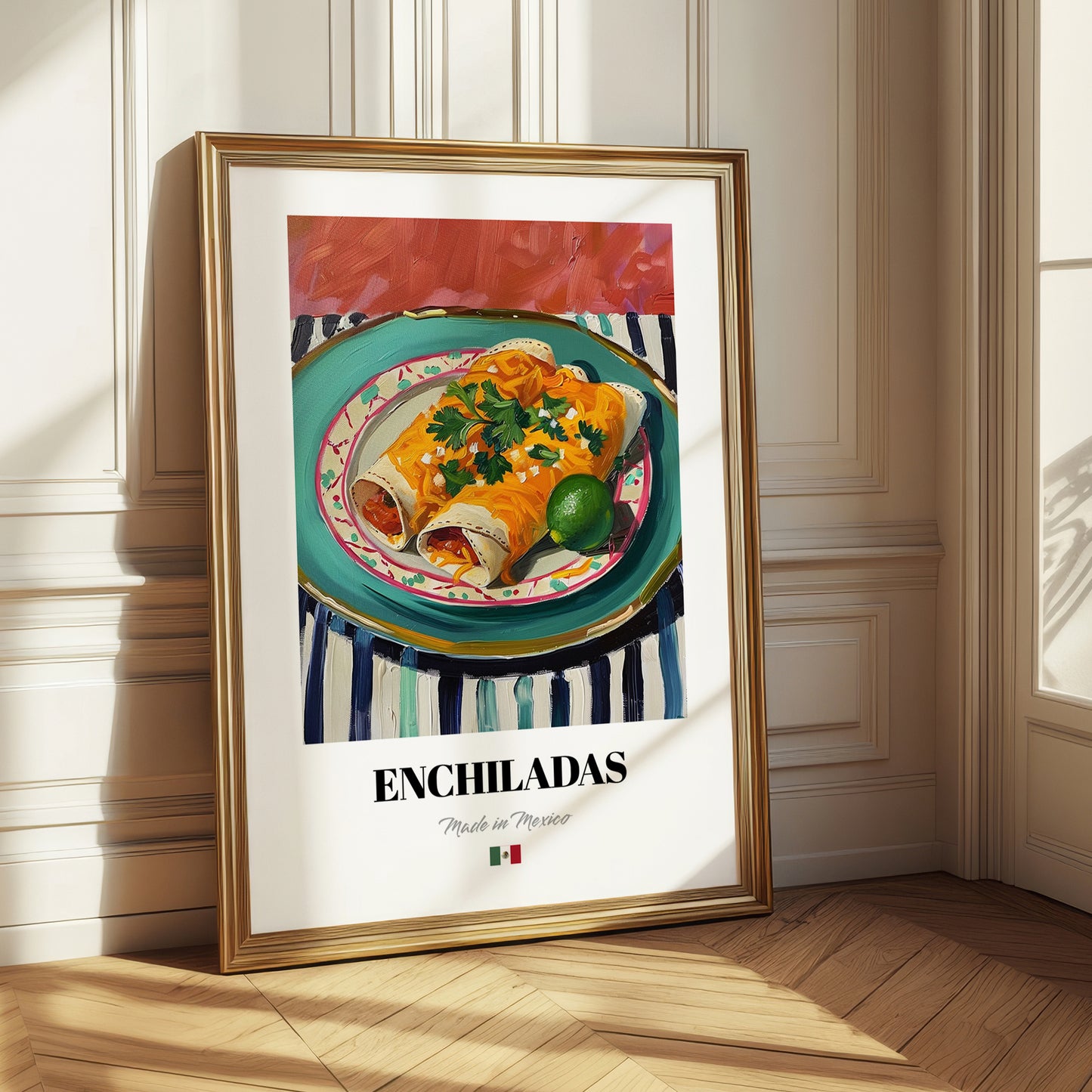 Enchiladas – on Striped Tablecloth, Mexican Food Illustration