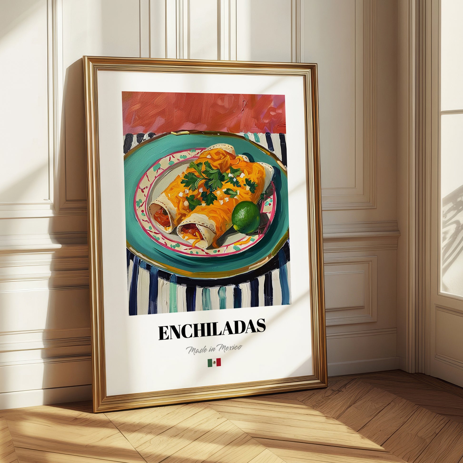 Enchiladas – on Striped Tablecloth, Mexican Food Illustration