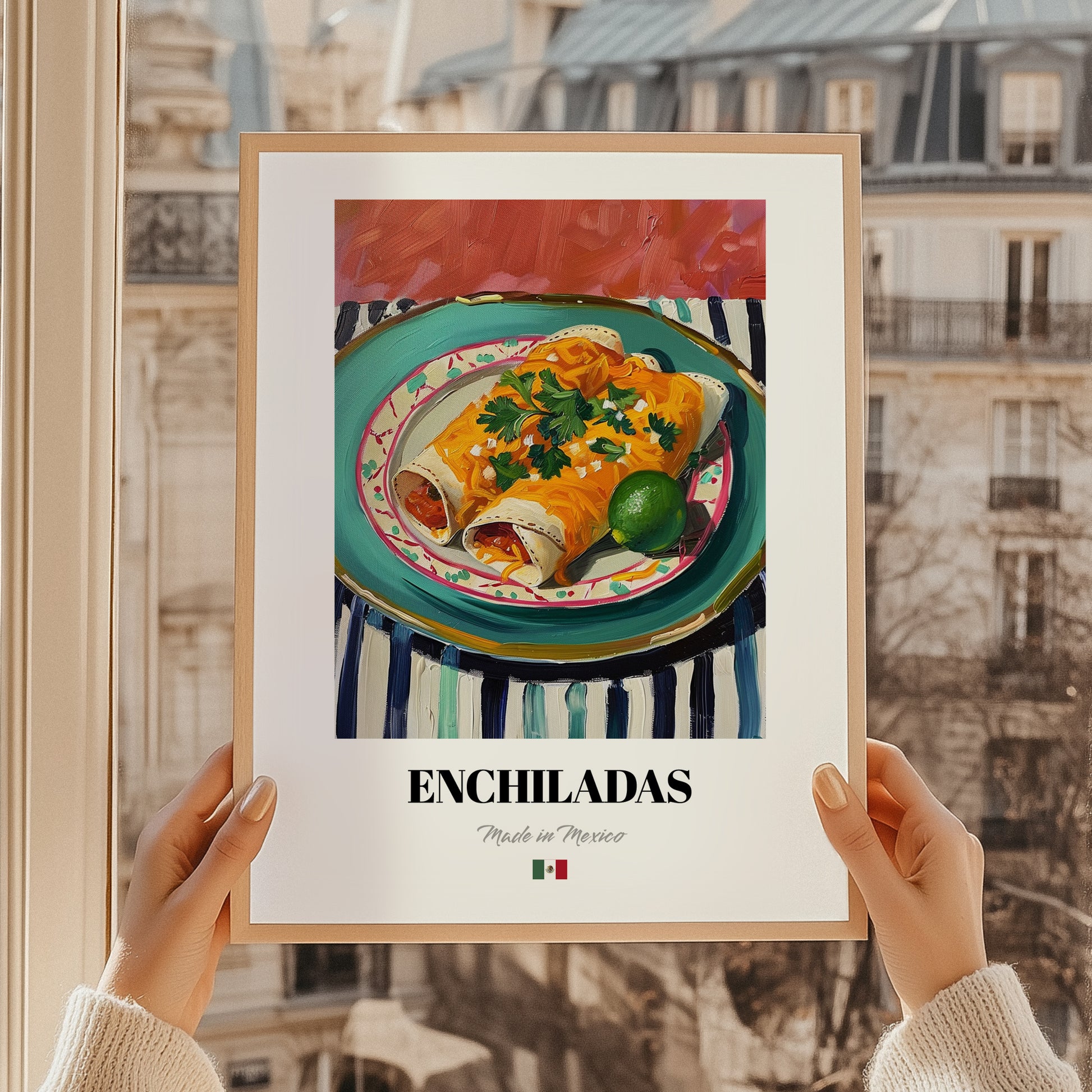 Enchiladas – on Striped Tablecloth, Mexican Food Illustration, styled in a charming Paris street view