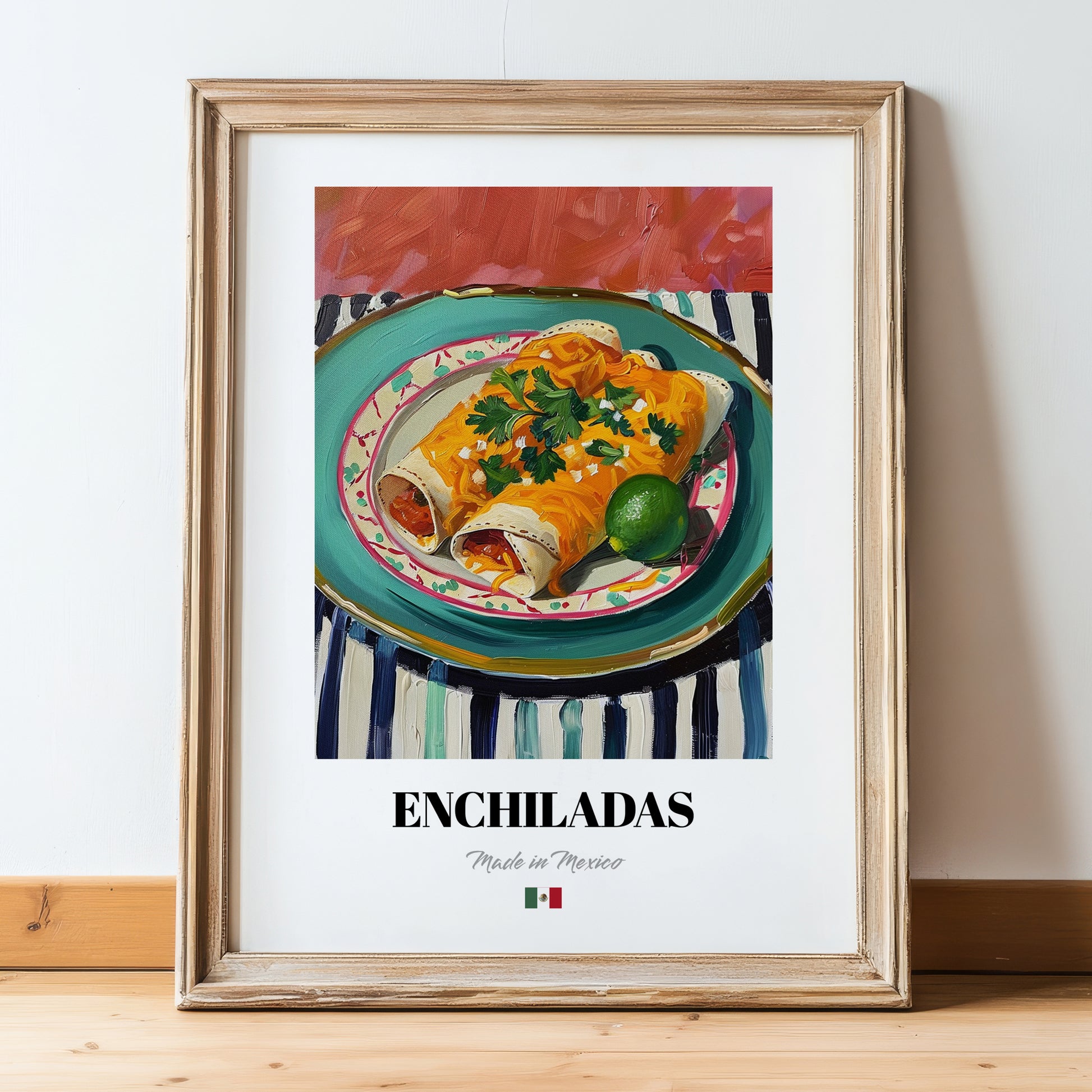 Enchiladas – on Striped Tablecloth, Mexican Food Illustration, in wooden frame leaning on the floor