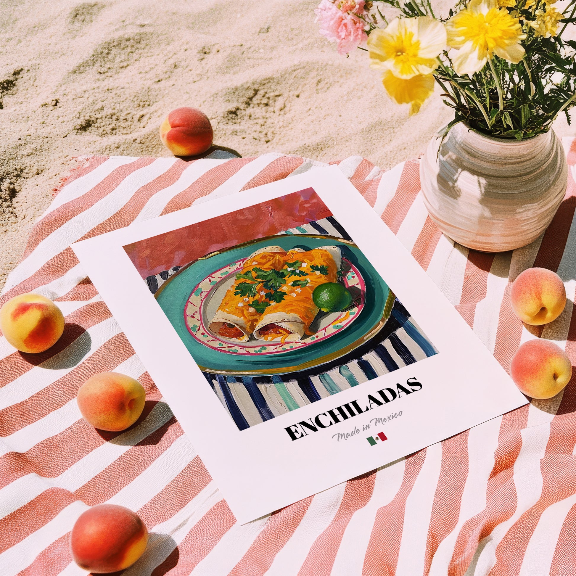 Enchiladas – on Striped Tablecloth, Mexican Food Illustration, unframed on coastal sand