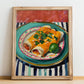 Enchiladas – on Striped Tablecloth, Mexican Food Illustration, no-text version framed in wood