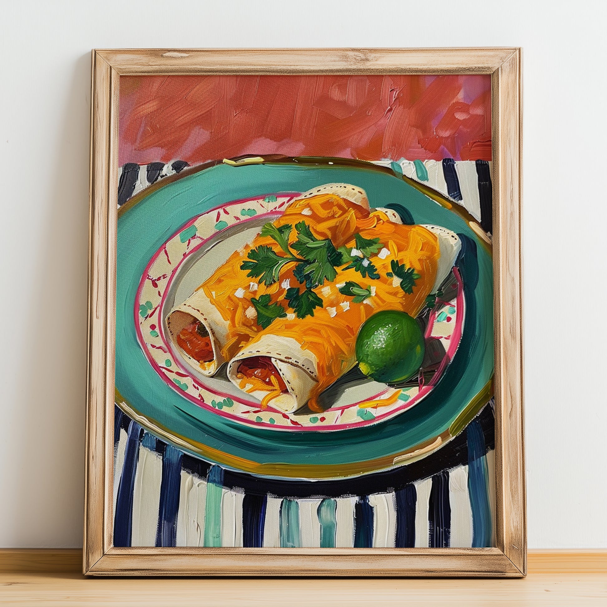 Enchiladas – on Striped Tablecloth, Mexican Food Illustration, no-text version framed in wood