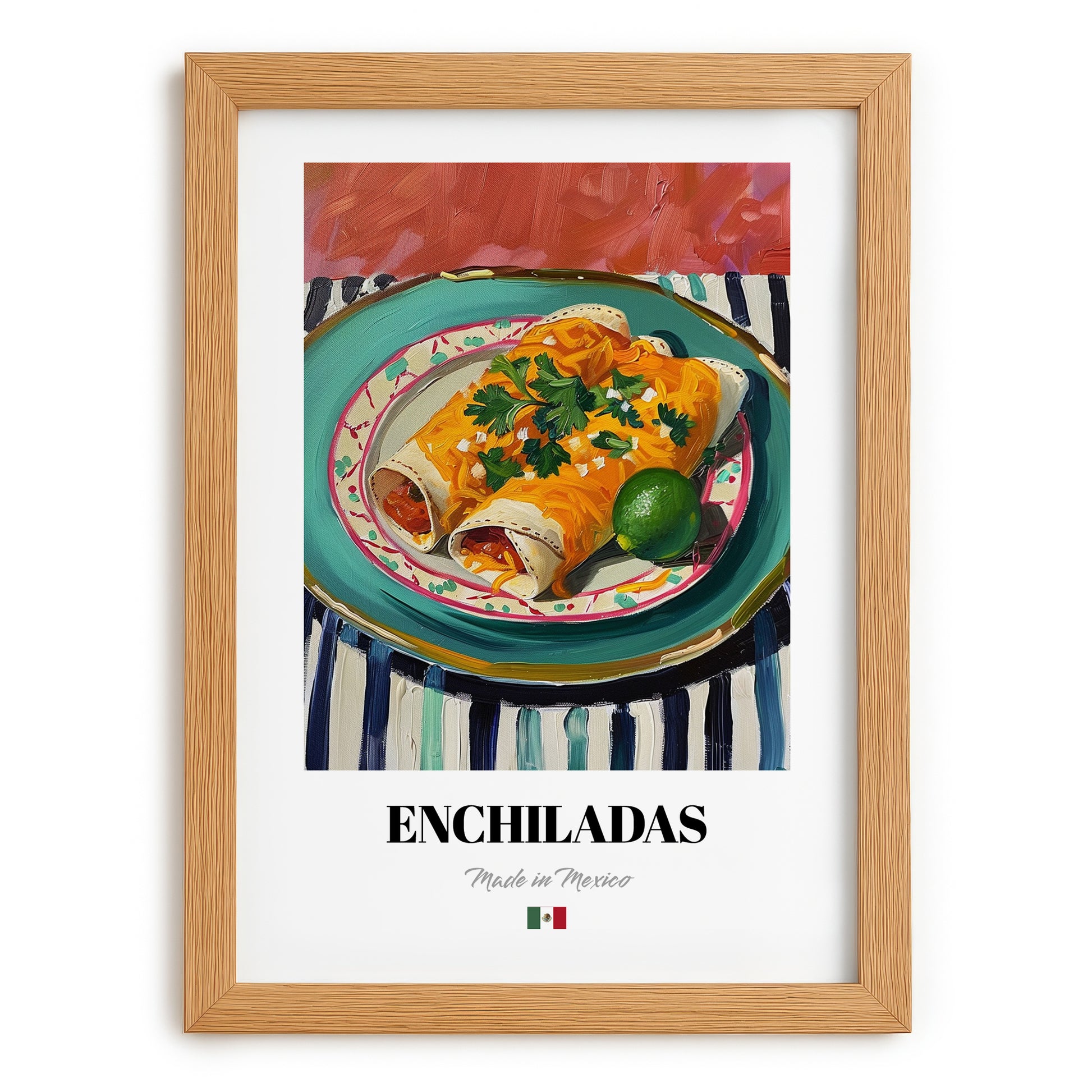 Enchiladas – on Striped Tablecloth, Mexican Food Illustration, set in oak frame