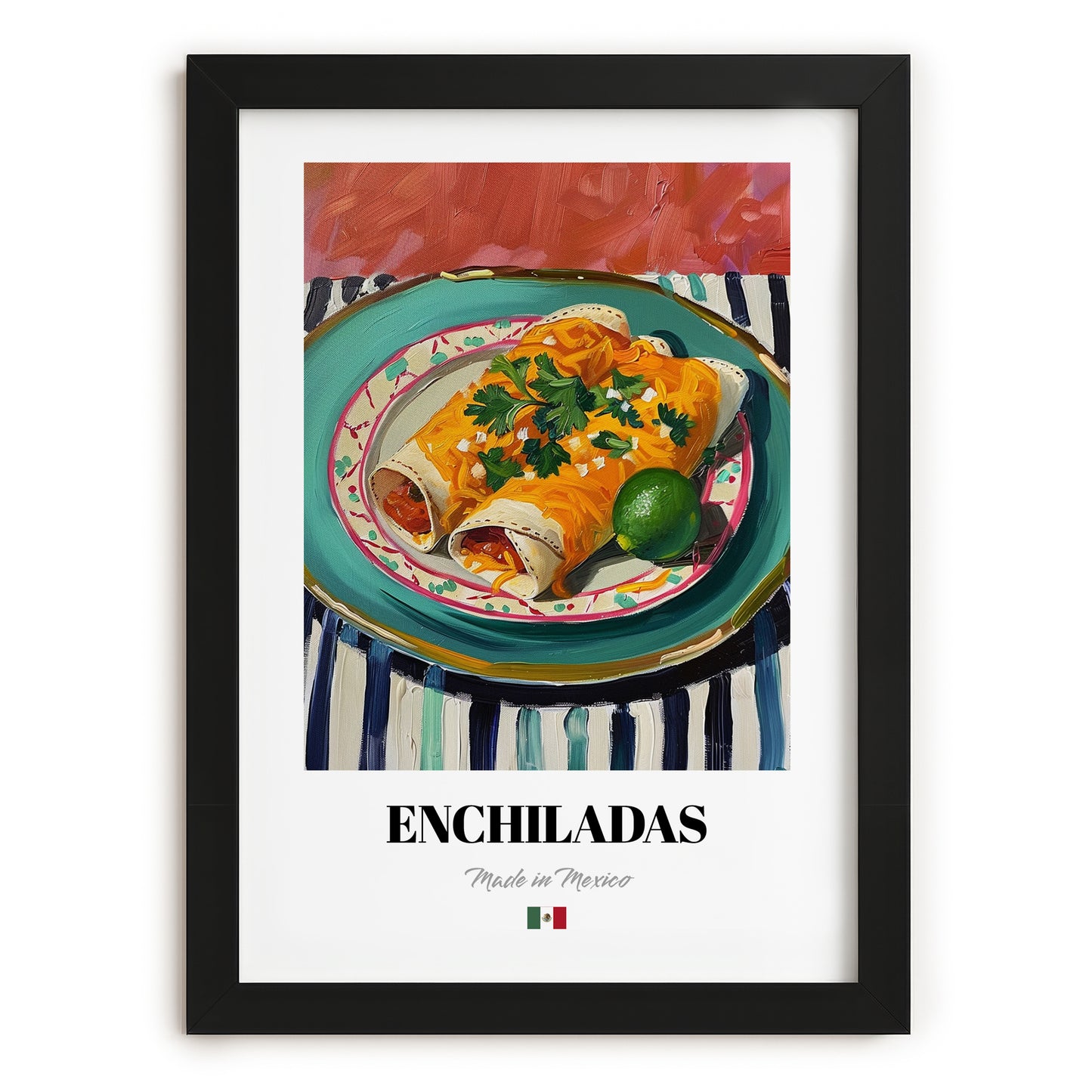 Enchiladas – on Striped Tablecloth, Mexican Food Illustration, in sleek black frame